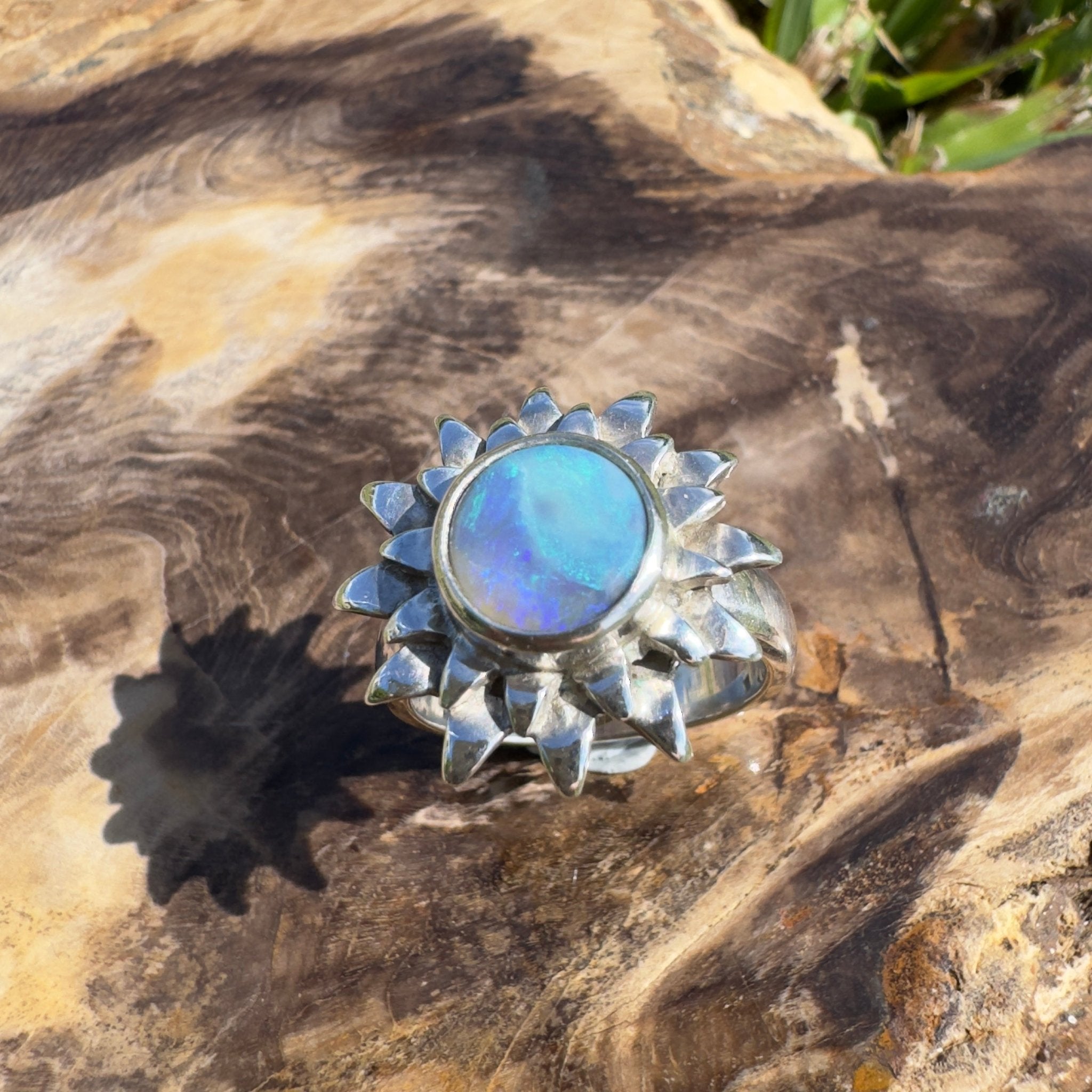 Coral Sunburst – 1.3ct Solid Lightning Ridge Semi Black Opal 925 Sterling Silver Ring