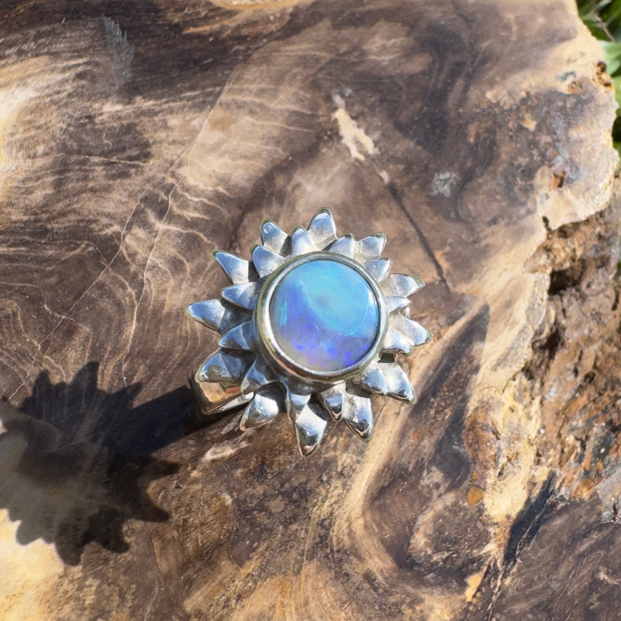 Coral Sunburst – 1.3ct Solid Lightning Ridge Semi Black Opal 925 Sterling Silver Ring