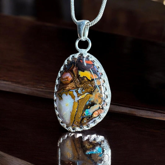 Crowned Earth ~ 21.2ct Solid Queensland Boulder Opal 925 Sterling Silver Pendant Necklace
