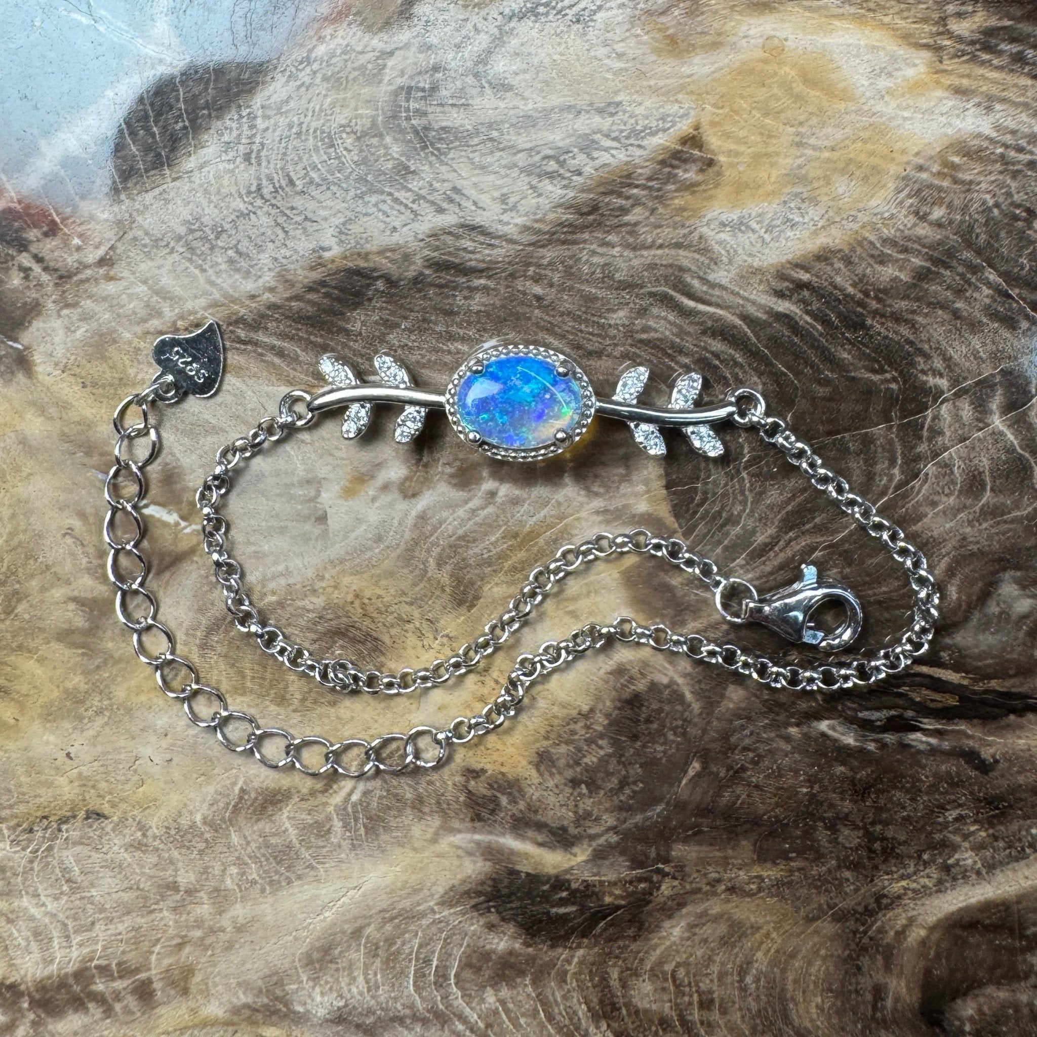 Crystal Blues ~ 0.8ct Solid Lightning Ridge Opal and Cubic Zirconia 925 Silver Bracelet