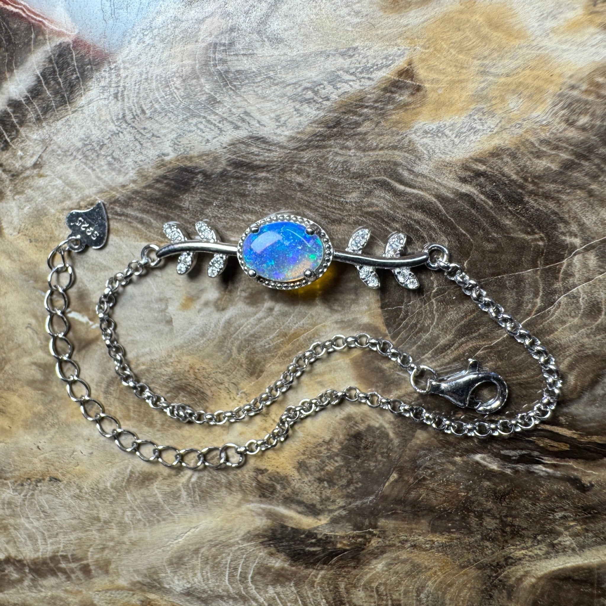 Crystal Blues ~ 0.8ct Solid Lightning Ridge Opal and Cubic Zirconia 925 Silver Bracelet