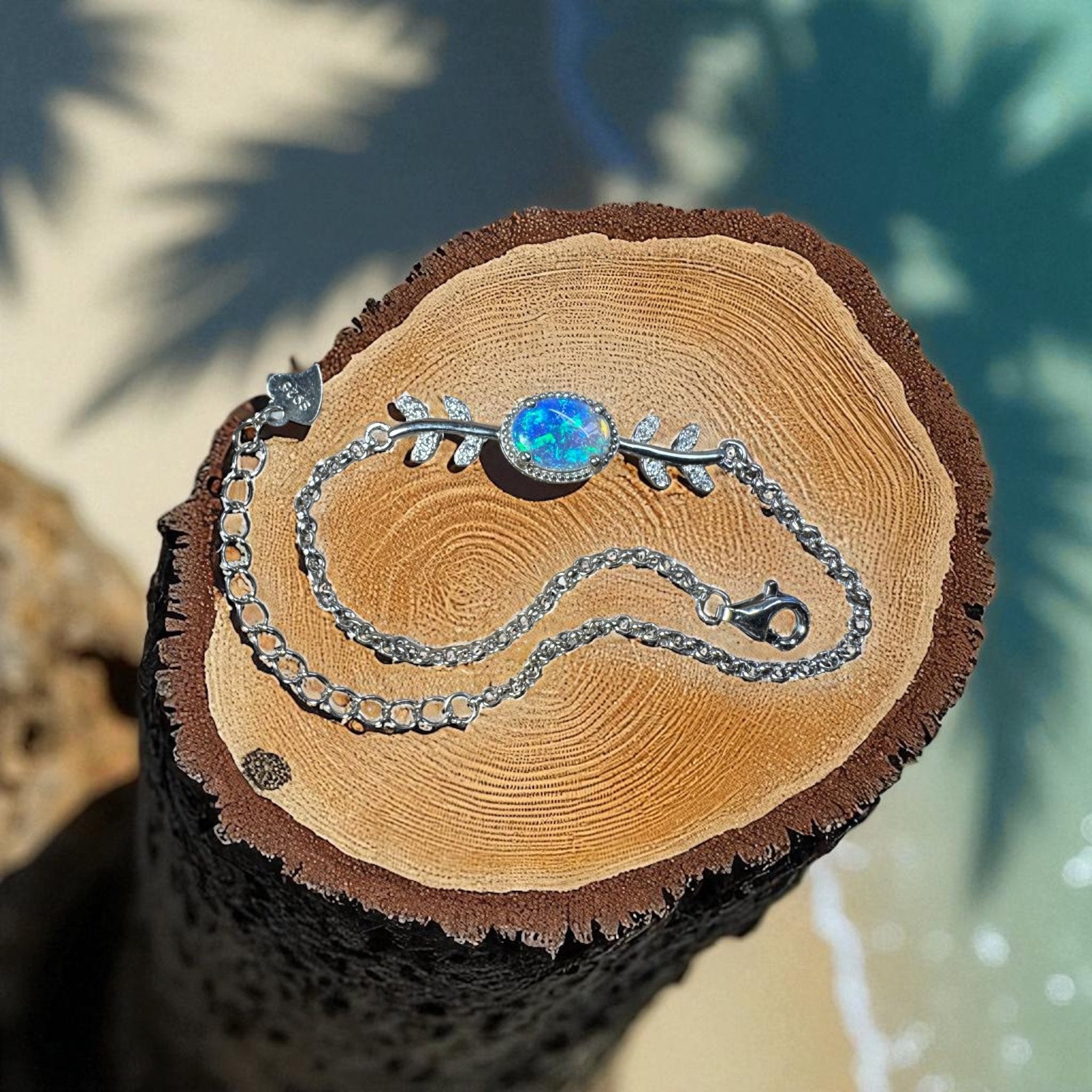 Crystal Blues ~ 0.8ct Solid Lightning Ridge Opal and Cubic Zirconia 925 Silver Bracelet