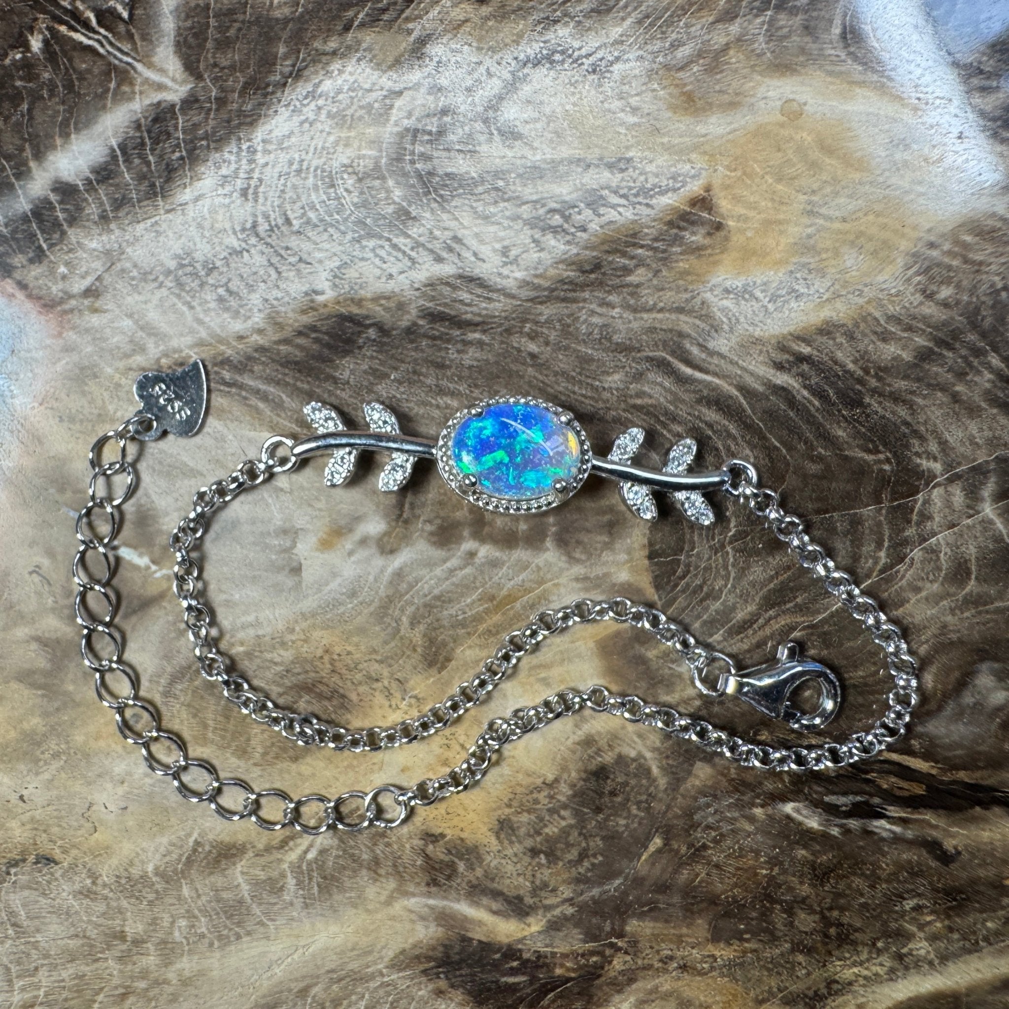 Crystal Blues ~ 0.8ct Solid Lightning Ridge Opal and Cubic Zirconia 925 Silver Bracelet