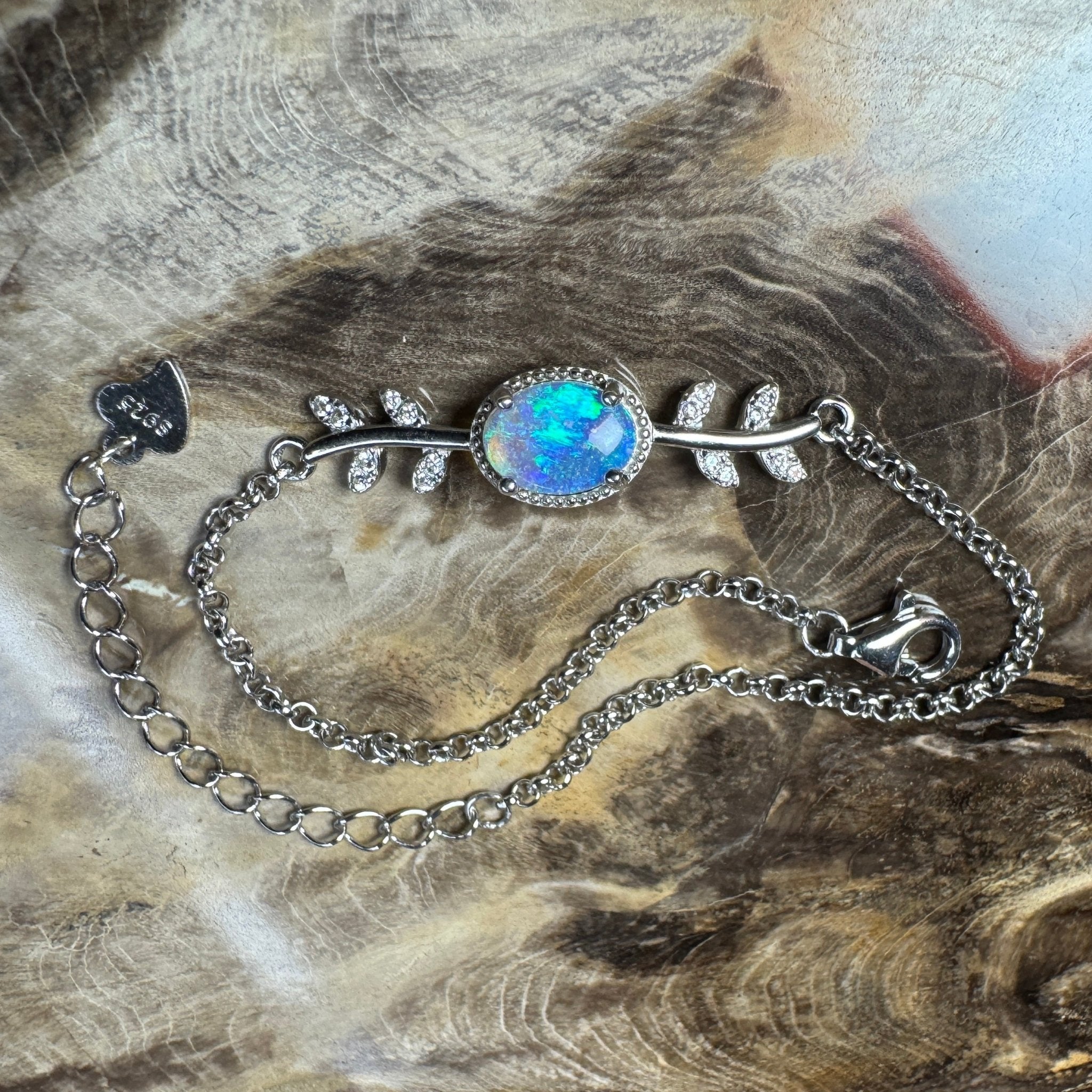 Crystal Blues ~ 0.8ct Solid Lightning Ridge Opal and Cubic Zirconia 925 Silver Bracelet
