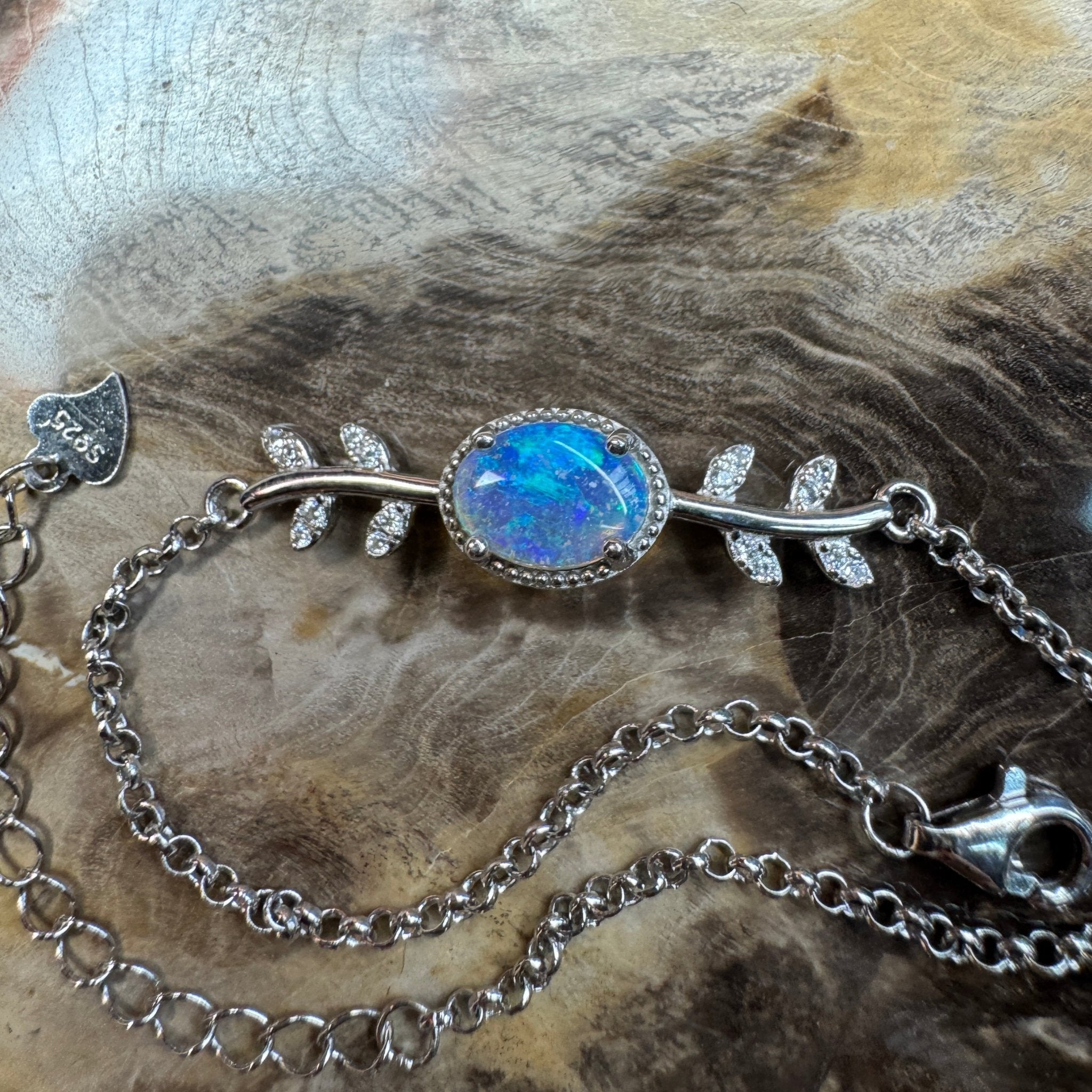 Crystal Blues ~ 0.8ct Solid Lightning Ridge Opal and Cubic Zirconia 925 Silver Bracelet