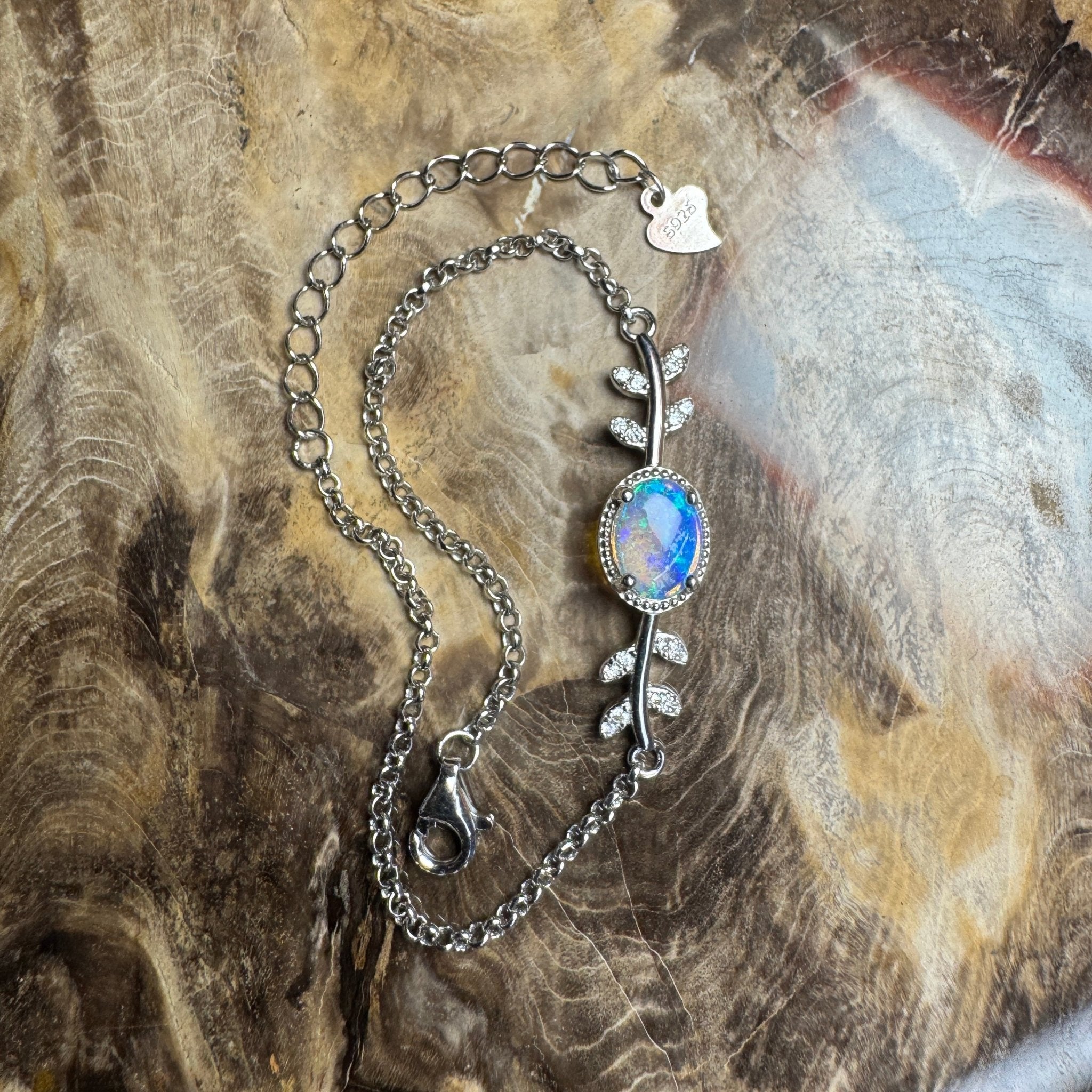 Crystal Blues ~ 0.8ct Solid Lightning Ridge Opal and Cubic Zirconia 925 Silver Bracelet