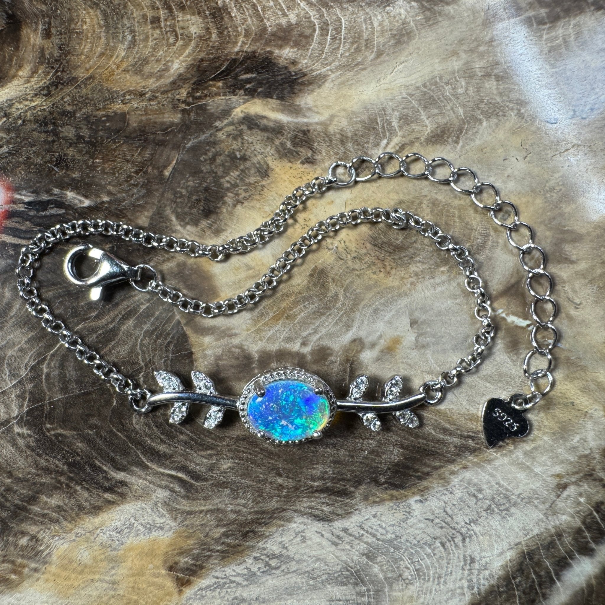 Crystal Blues ~ 0.8ct Solid Lightning Ridge Opal and Cubic Zirconia 925 Silver Bracelet
