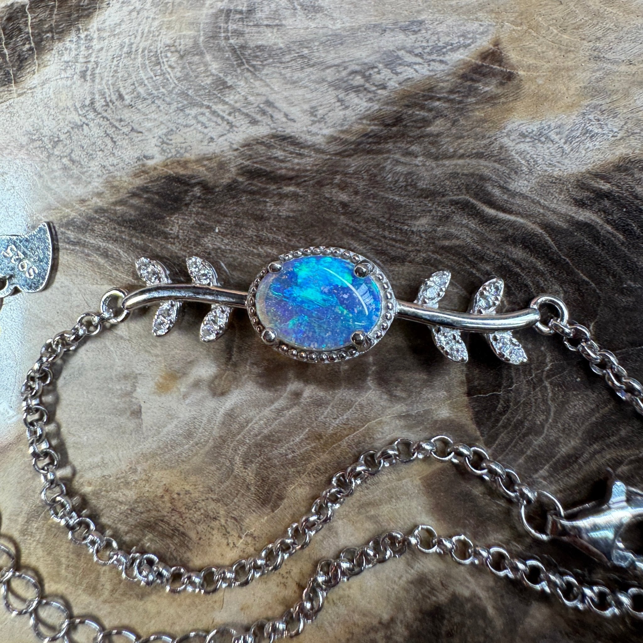 Crystal Blues ~ 0.8ct Solid Lightning Ridge Opal and Cubic Zirconia 925 Silver Bracelet