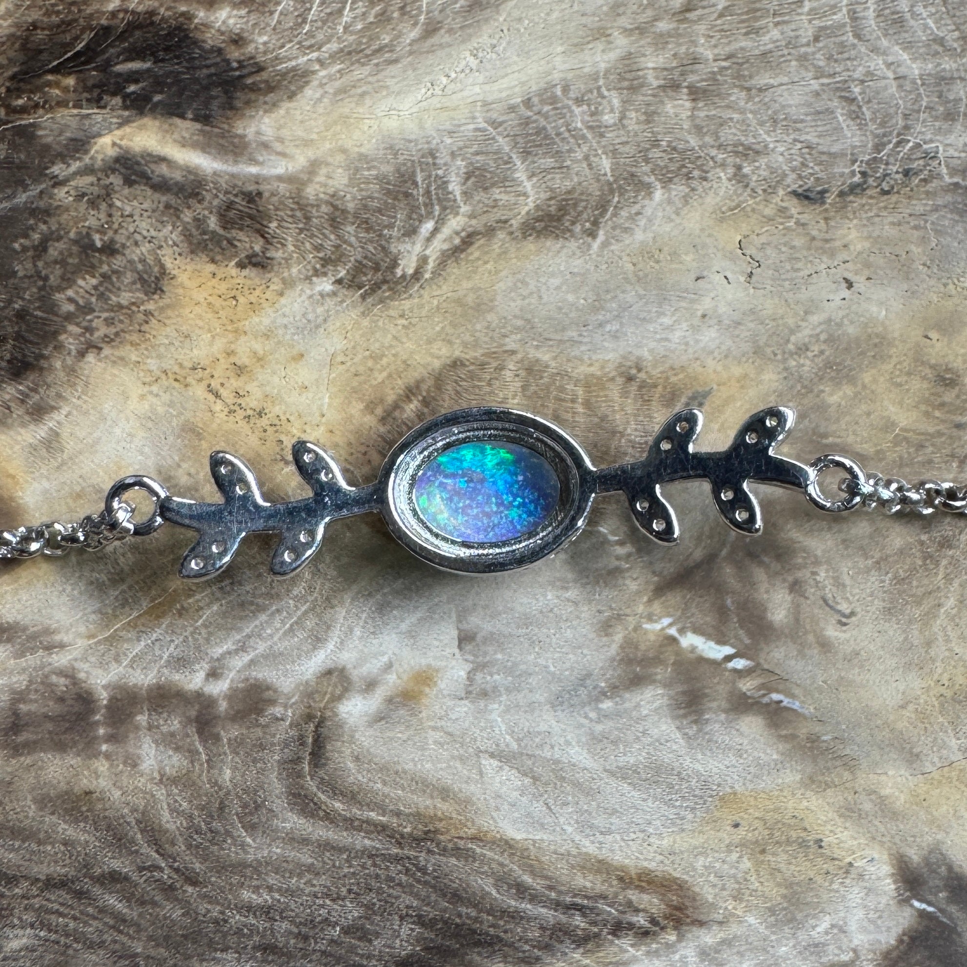 Crystal Blues ~ 0.8ct Solid Lightning Ridge Opal and Cubic Zirconia 925 Silver Bracelet