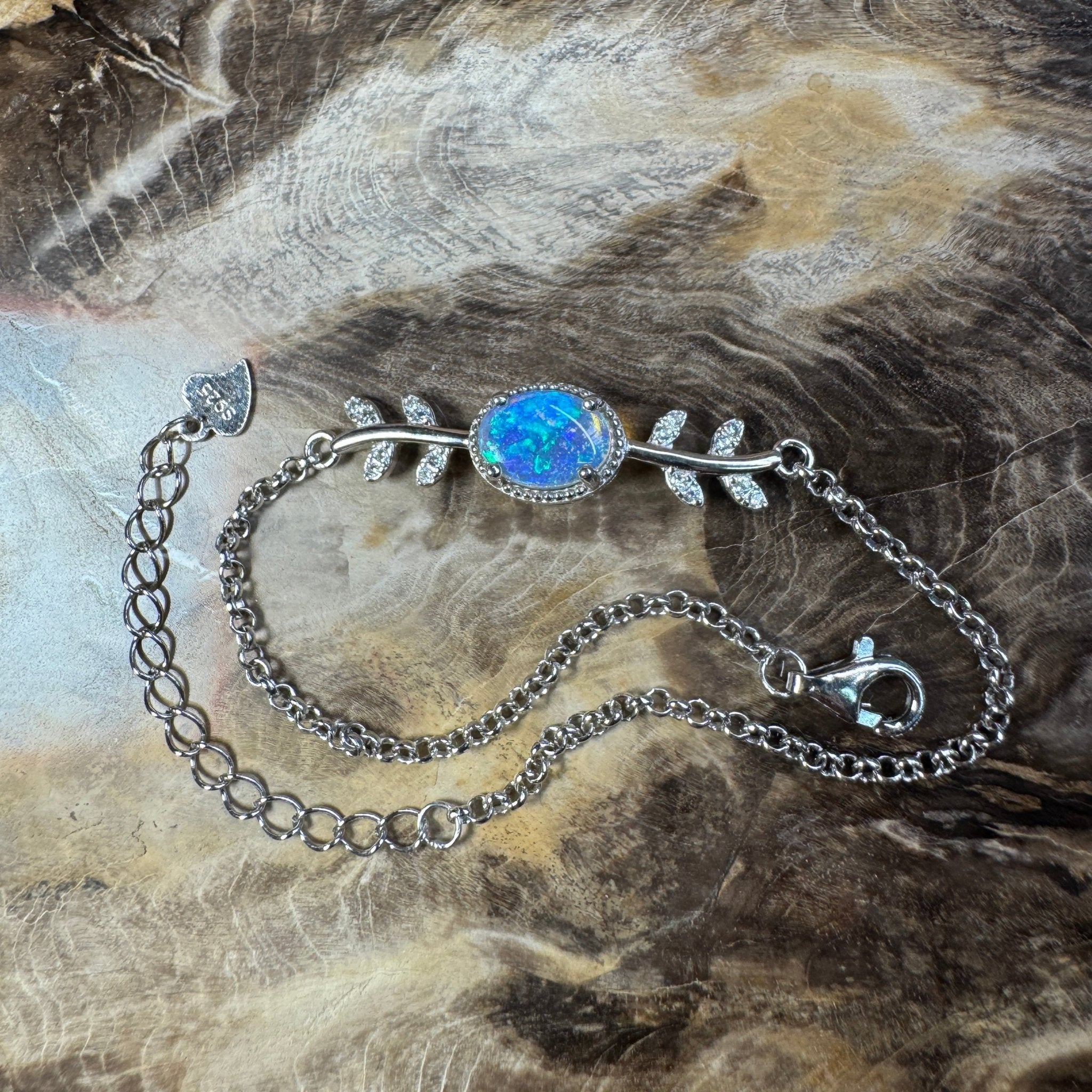 Crystal Blues ~ 0.8ct Solid Lightning Ridge Opal and Cubic Zirconia 925 Silver Bracelet