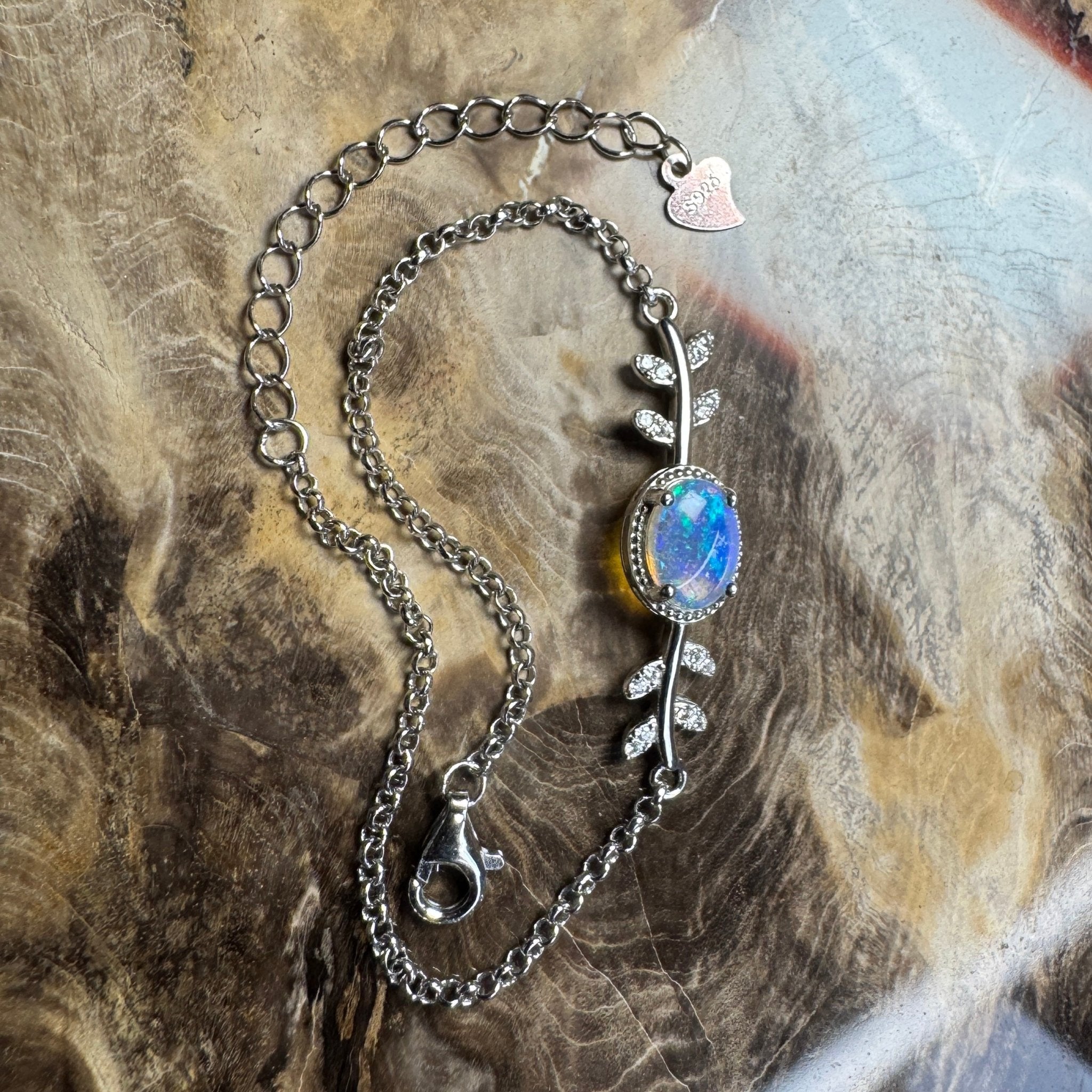 Crystal Blues ~ 0.8ct Solid Lightning Ridge Opal and Cubic Zirconia 925 Silver Bracelet