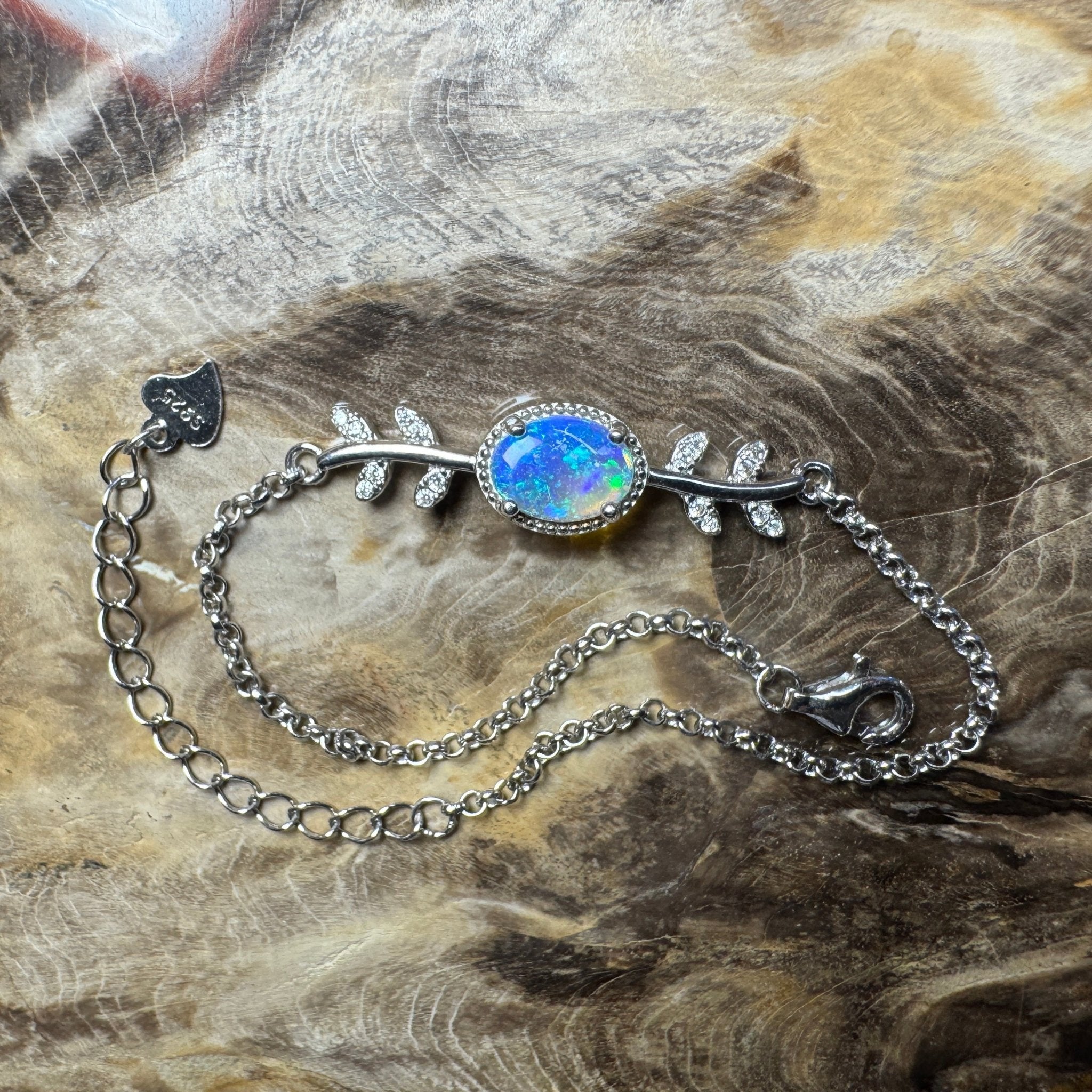 Crystal Blues ~ 0.8ct Solid Lightning Ridge Opal and Cubic Zirconia 925 Silver Bracelet