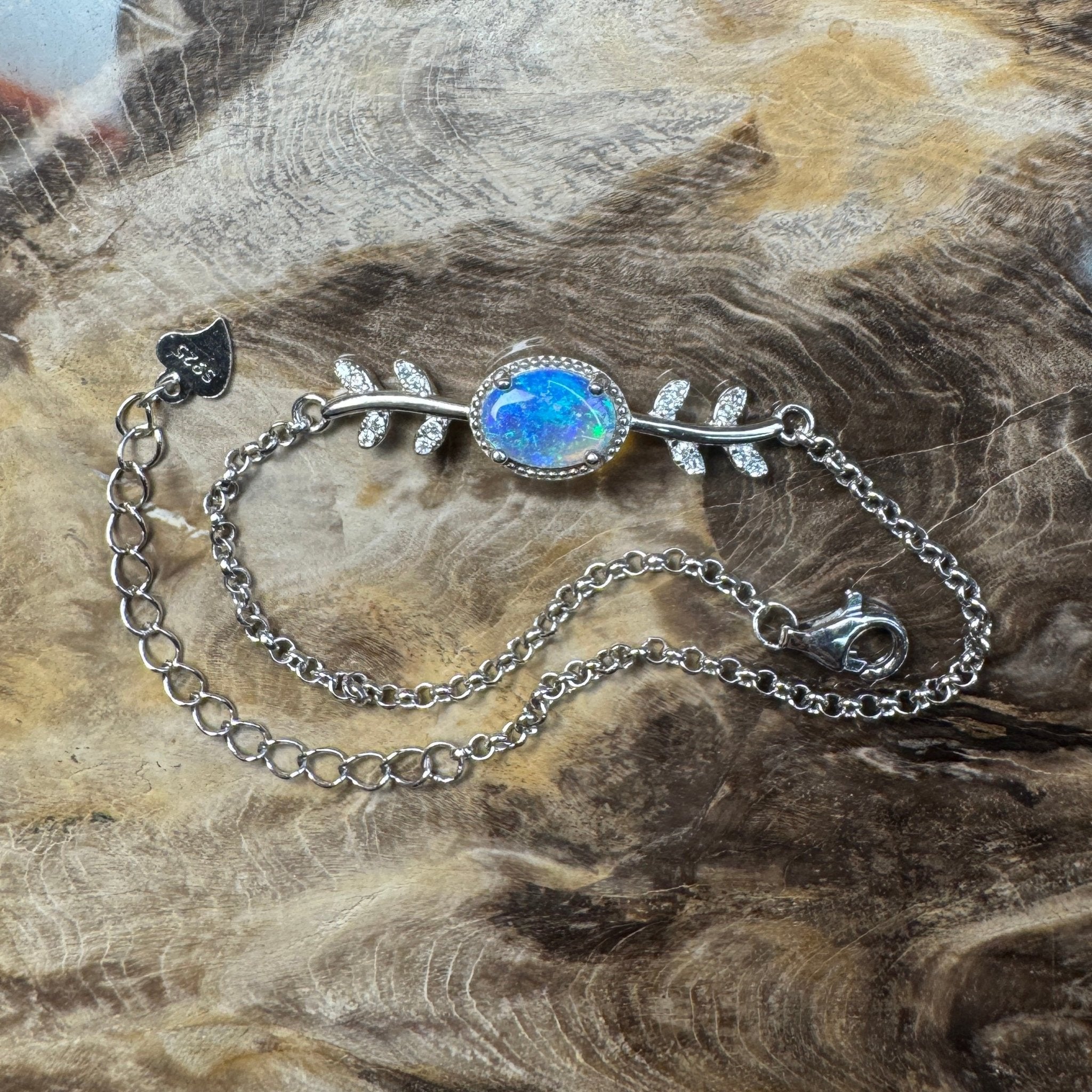 Crystal Blues ~ 0.8ct Solid Lightning Ridge Opal and Cubic Zirconia 925 Silver Bracelet