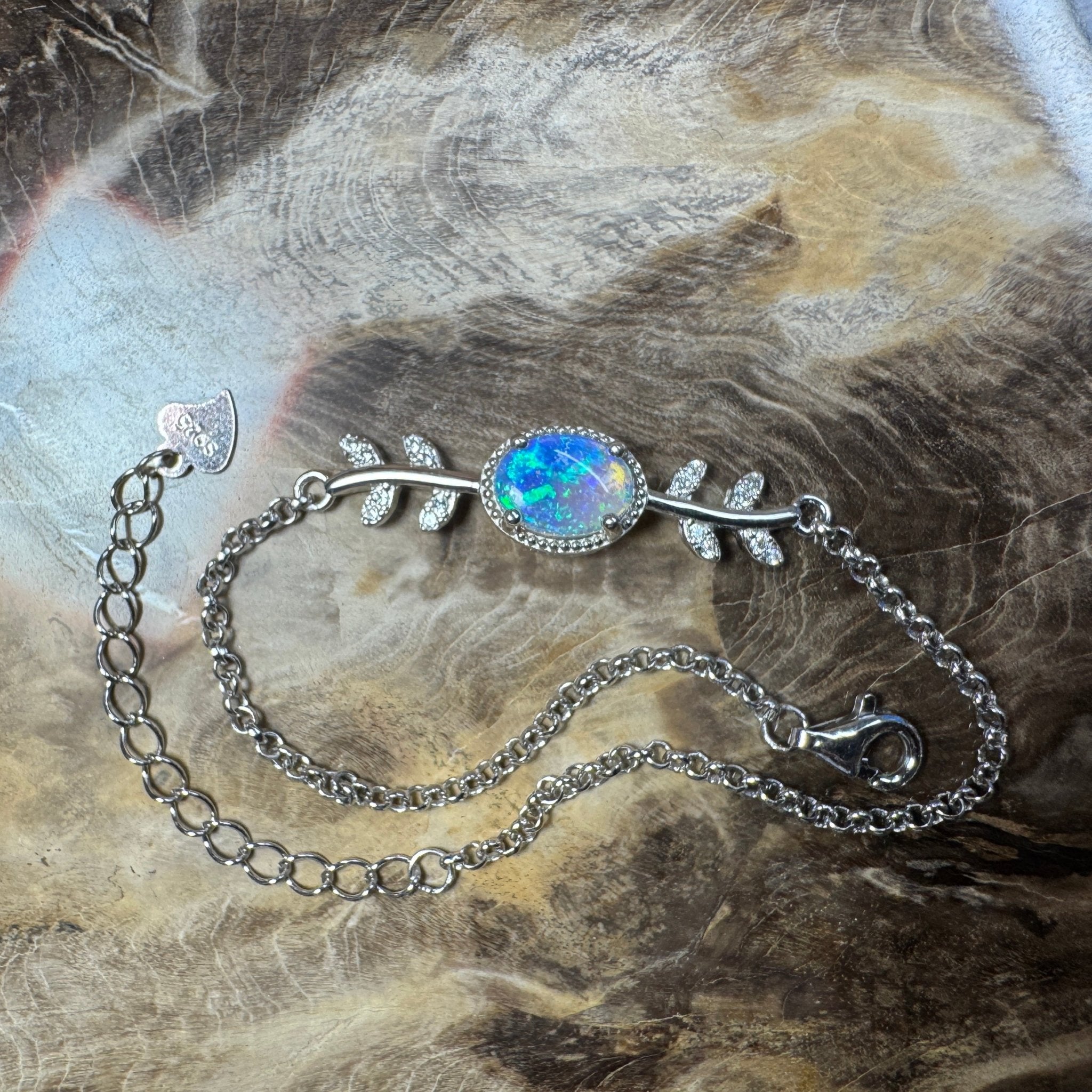 Crystal Blues ~ 0.8ct Solid Lightning Ridge Opal and Cubic Zirconia 925 Silver Bracelet