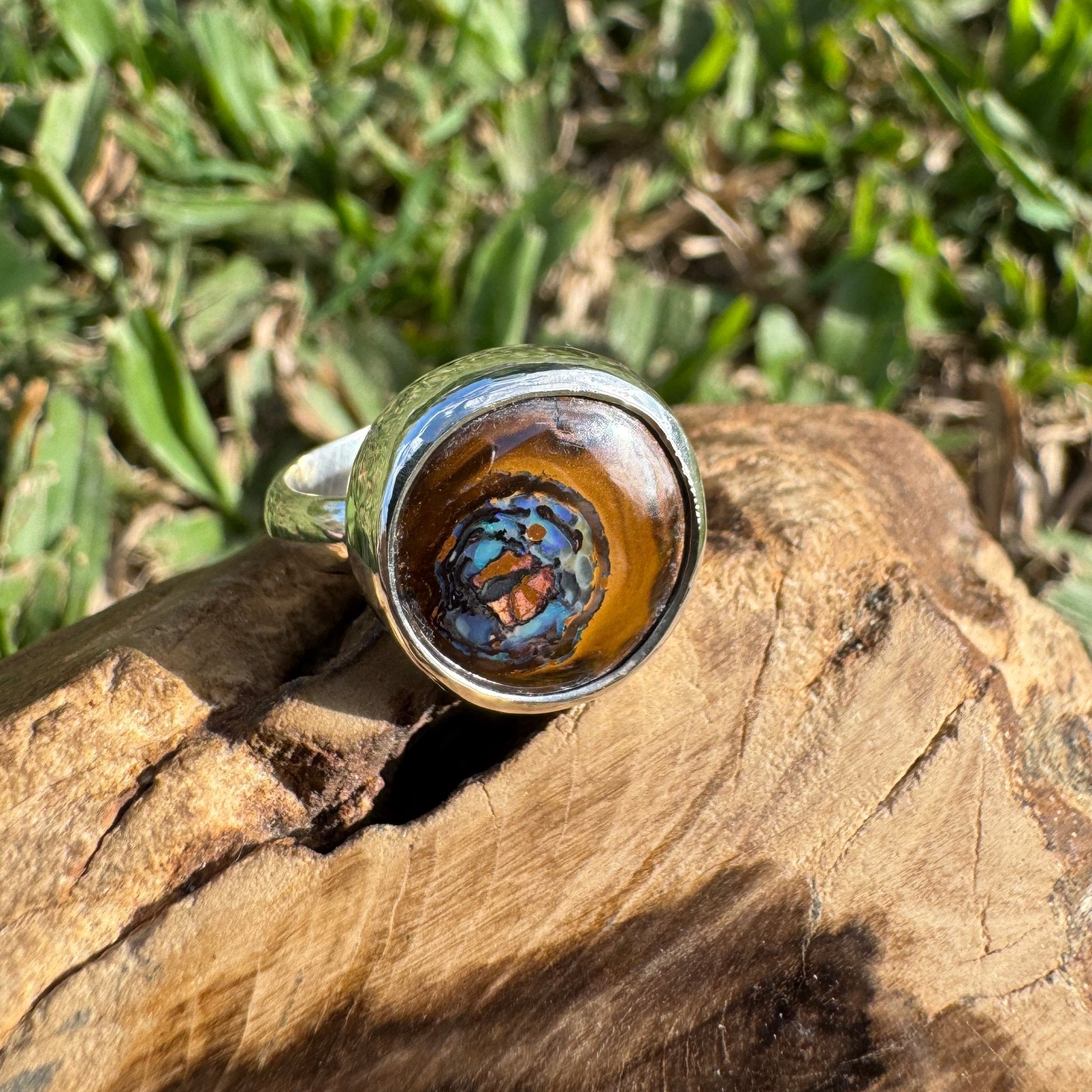 Daintree After Rain ~ 8.2ct Solid Queensland Boulder Opal 925 Sterling Silver Ring