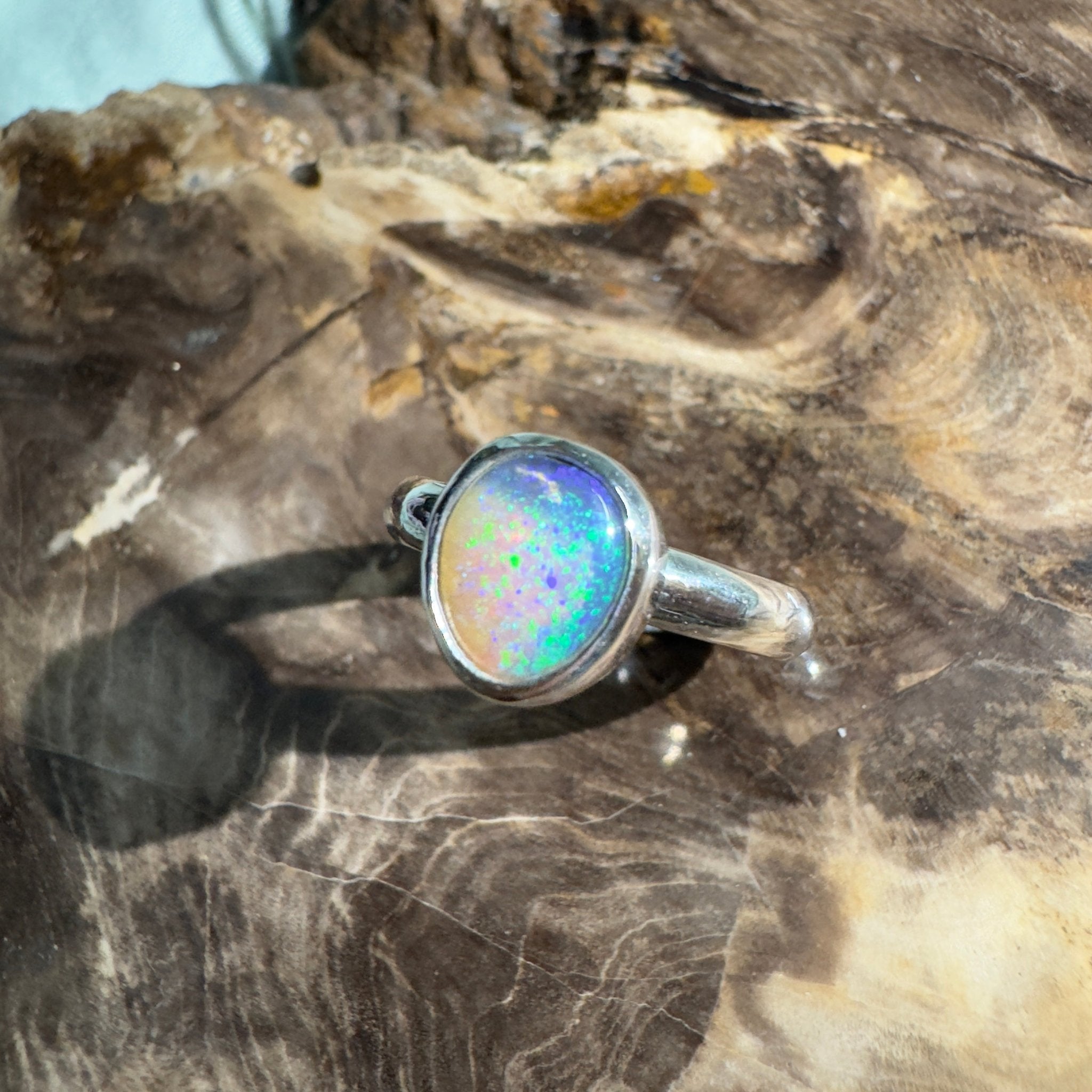 Daintree Canopy – 1.25ct Solid Lightning Ridge Crystal Opal 925 Sterling Silver Ring