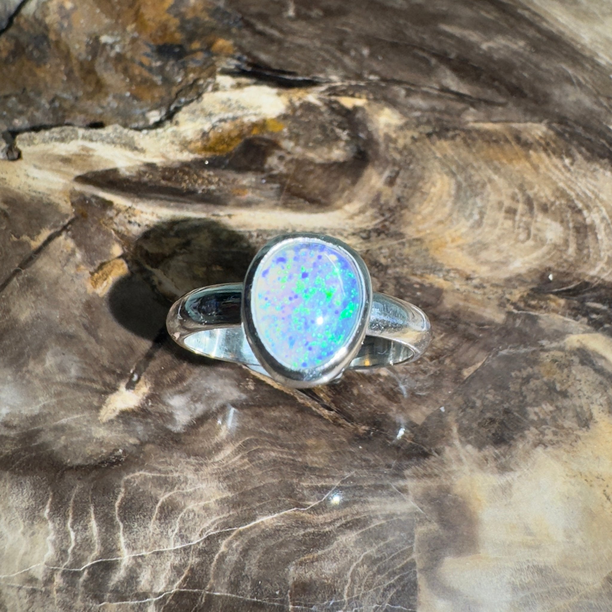 Daintree Canopy – 1.25ct Solid Lightning Ridge Crystal Opal 925 Sterling Silver Ring