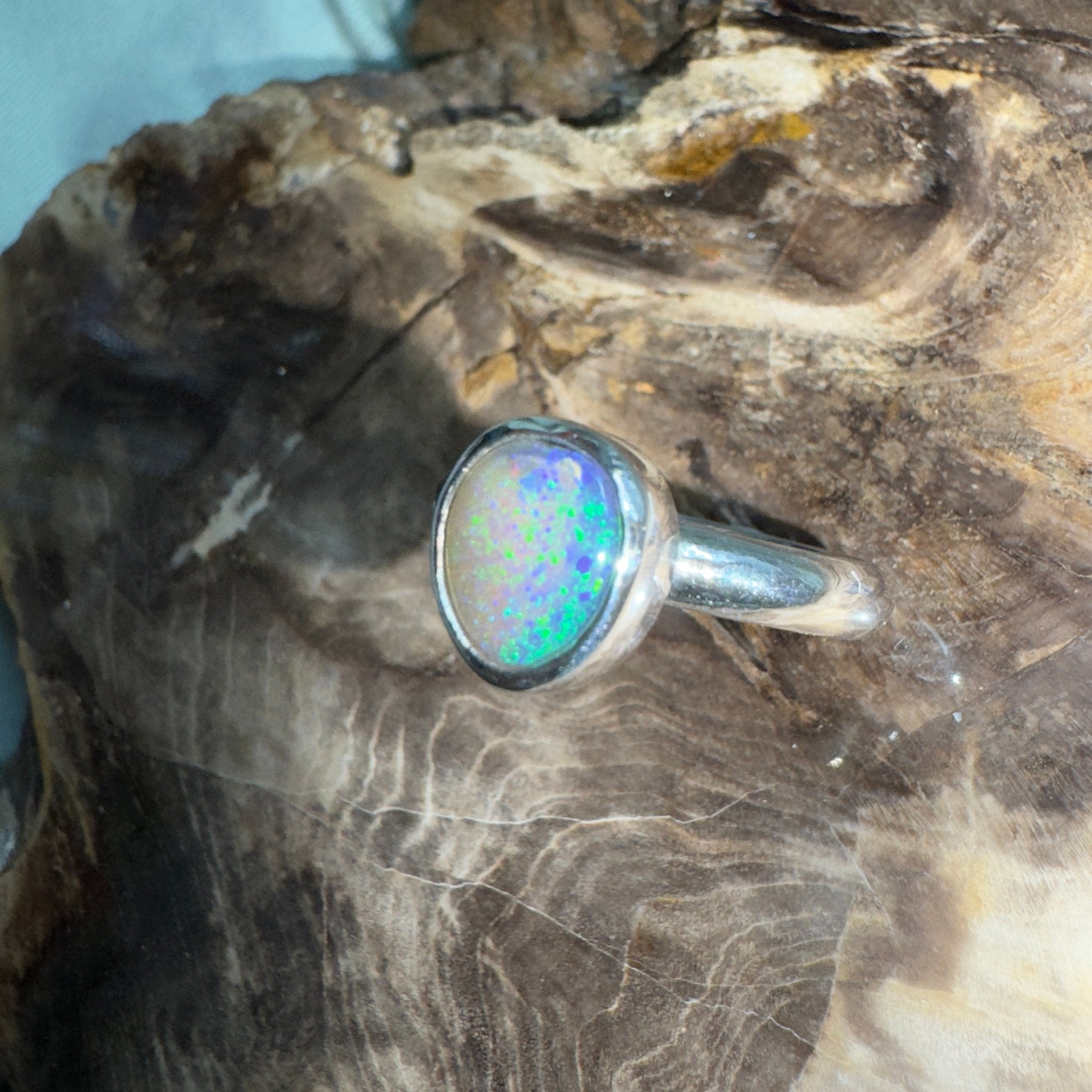 Daintree Canopy – 1.25ct Solid Lightning Ridge Crystal Opal 925 Sterling Silver Ring
