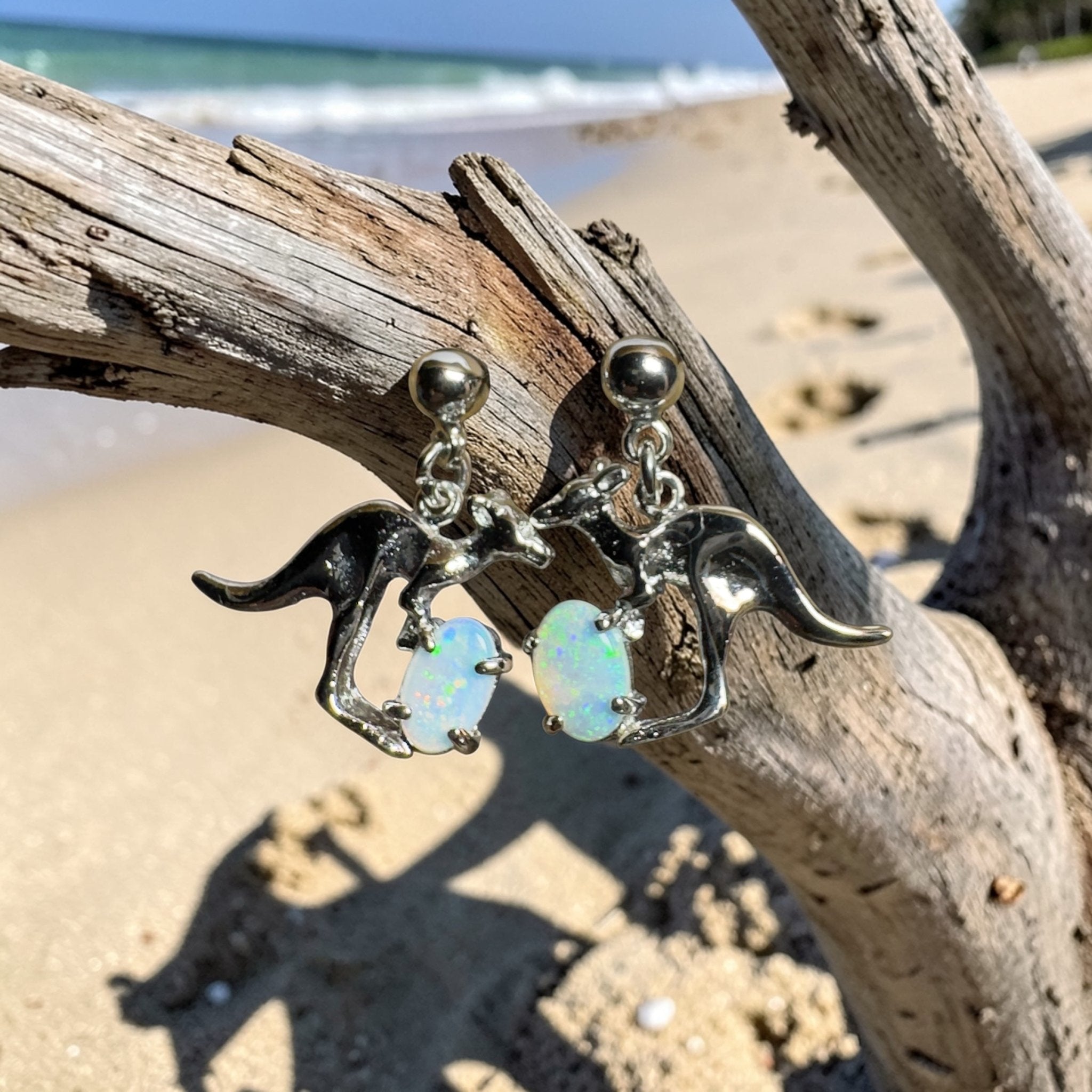 Daintree Dew Hop ~ 0.6ct Coober Pedy Opal Sterling Silver KangarooEarrings