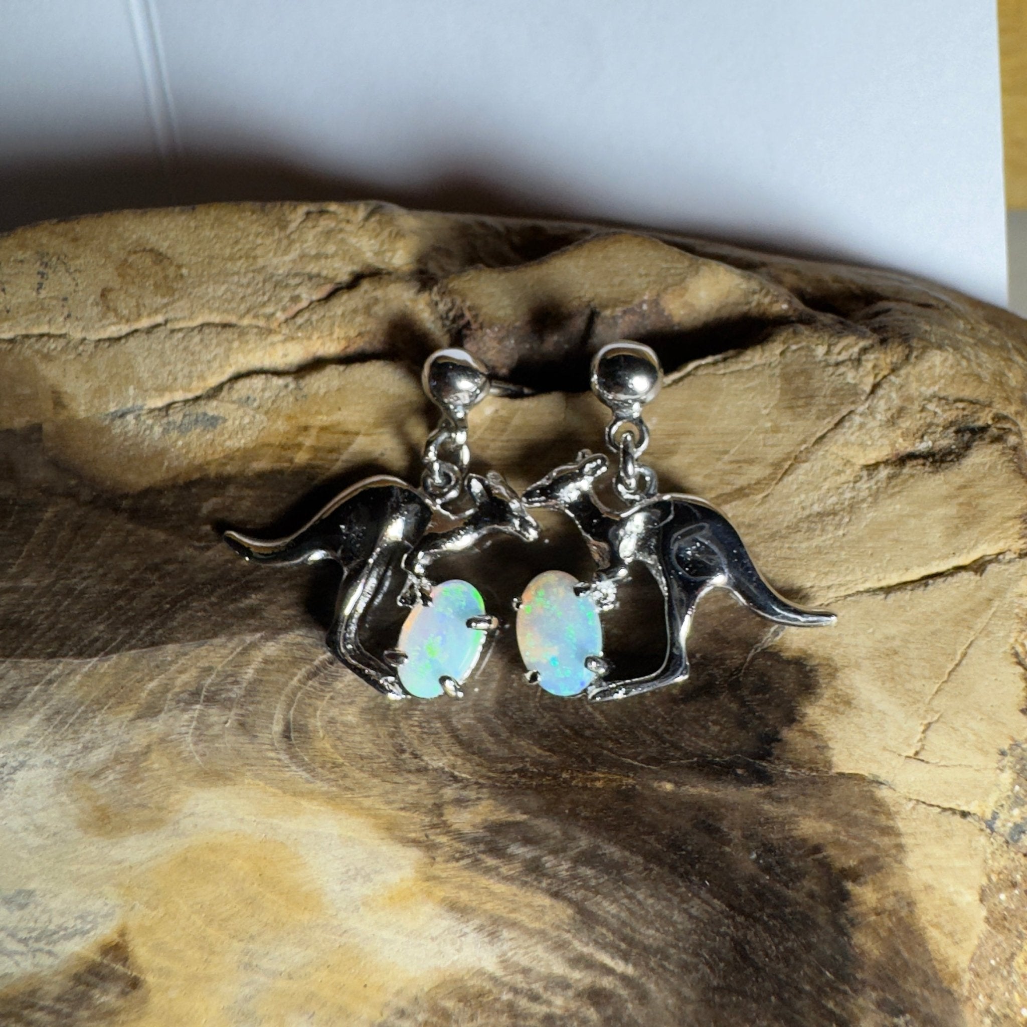 Daintree Dew Hop ~ 0.6ct Coober Pedy Opal Sterling Silver KangarooEarrings