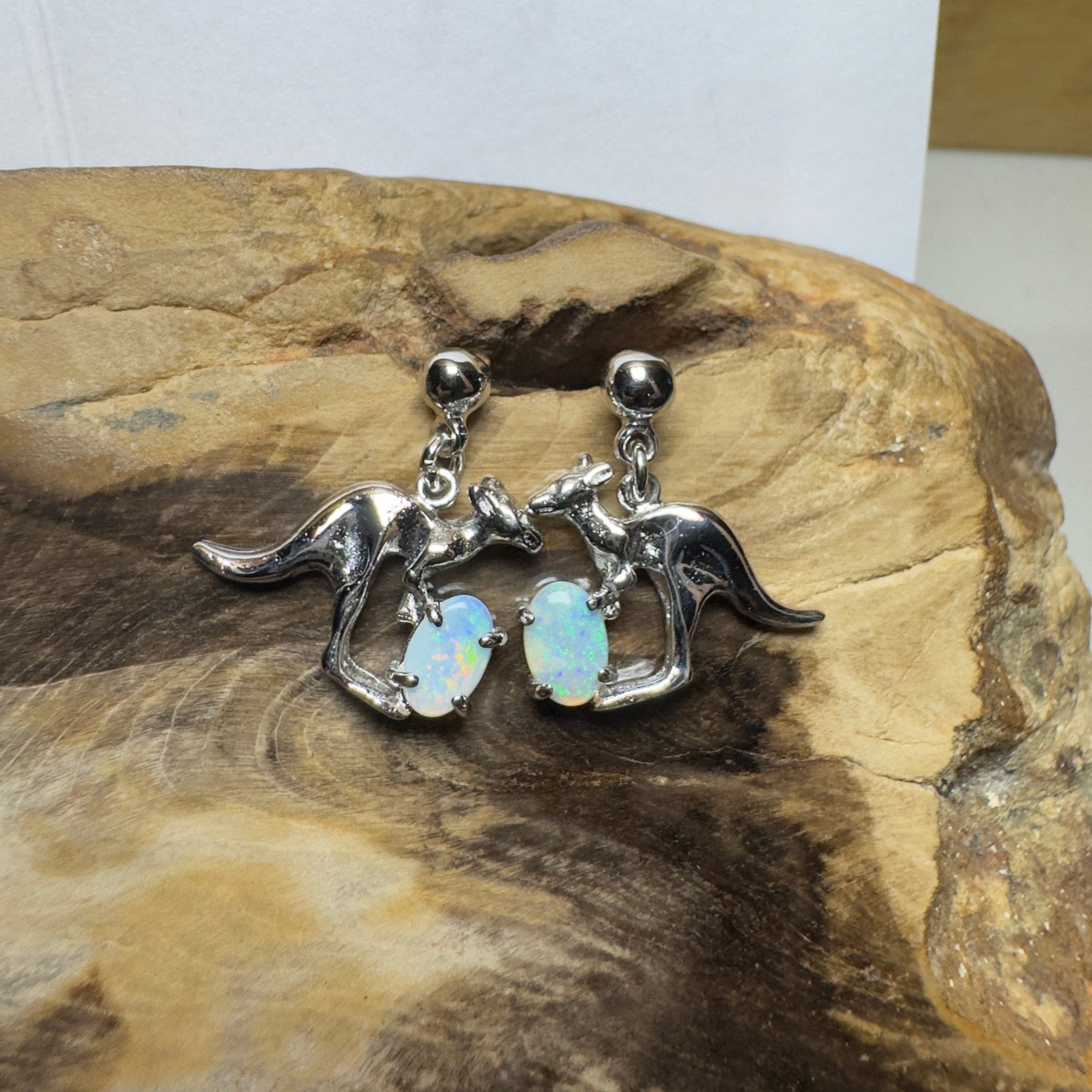 Daintree Dew Hop ~ 0.6ct Coober Pedy Opal Sterling Silver KangarooEarrings