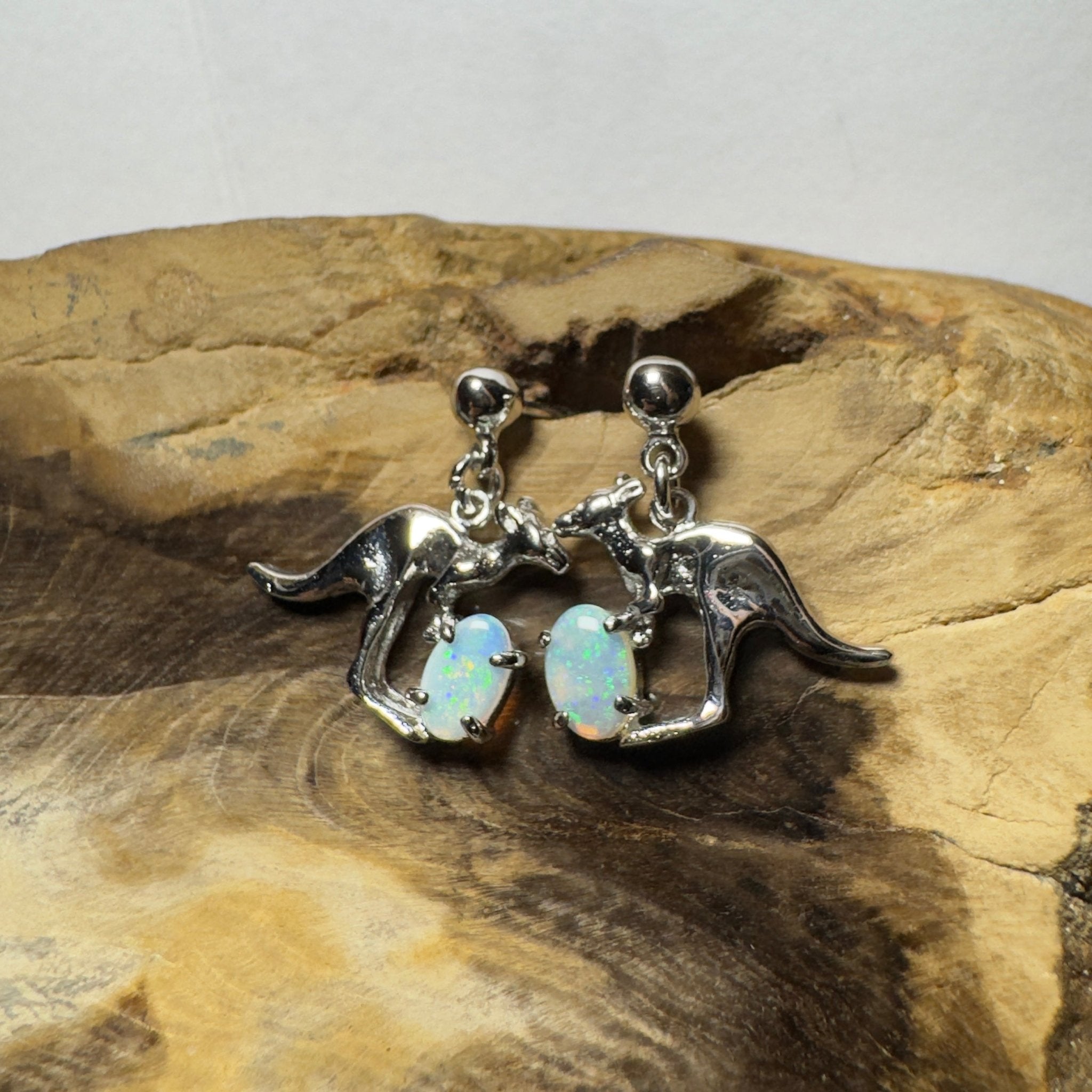 Daintree Dew Hop ~ 0.6ct Coober Pedy Opal Sterling Silver KangarooEarrings