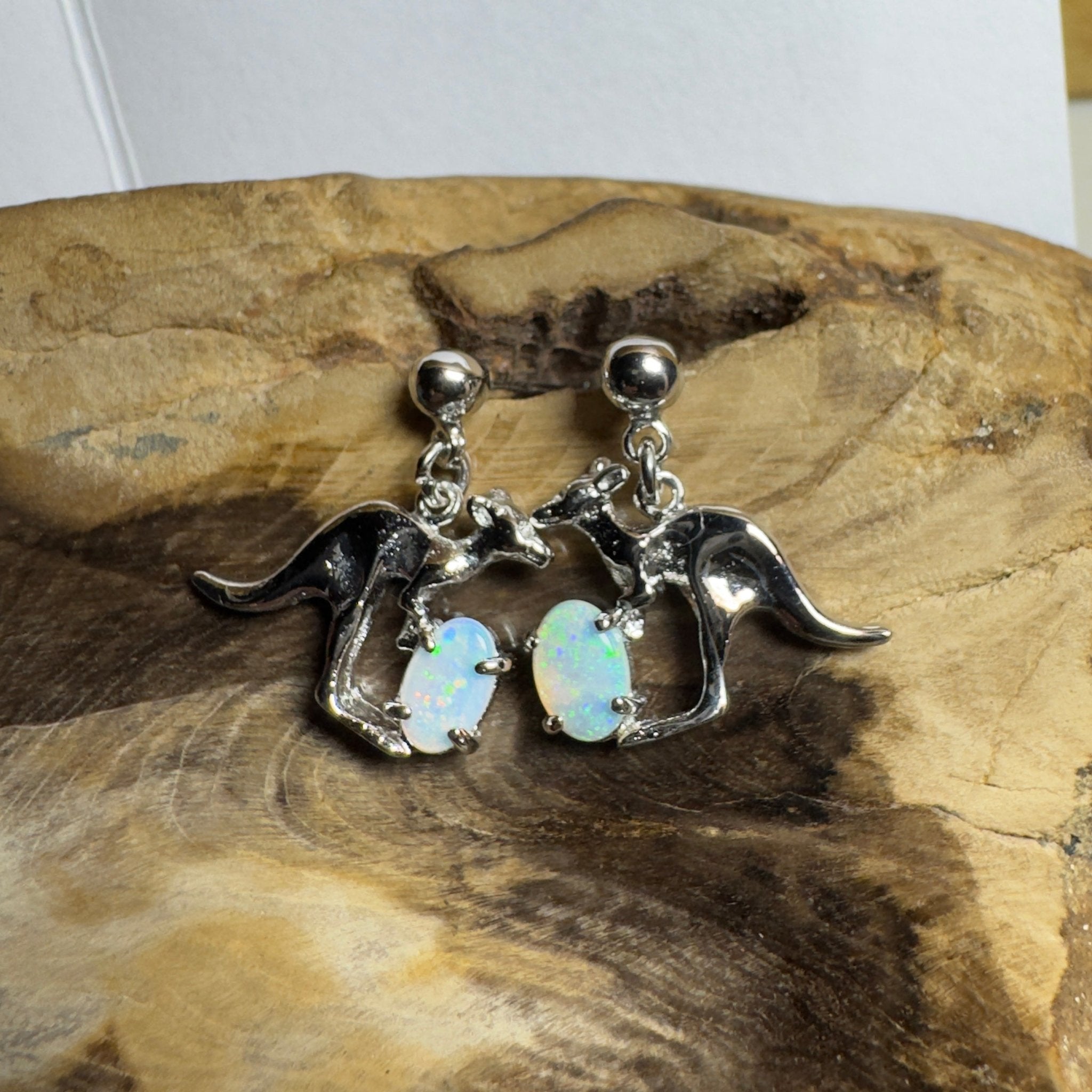 Daintree Dew Hop ~ 0.6ct Coober Pedy Opal Sterling Silver KangarooEarrings