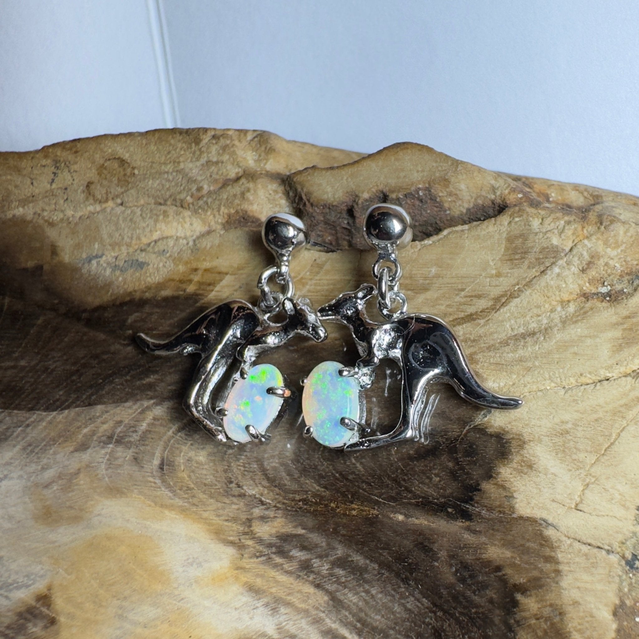 Daintree Dew Hop ~ 0.6ct Coober Pedy Opal Sterling Silver KangarooEarrings