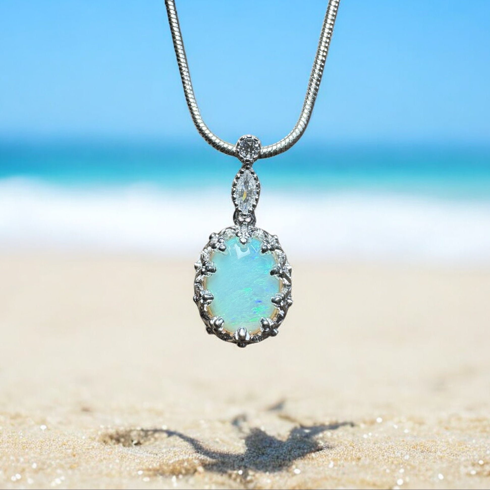 Daintree Rain ~ 1ct Solid Lightning Ridge Opal and Cubic Zirconia 925 Silver Pendant Necklace