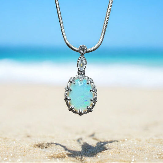 Daintree Rain ~ 1ct Solid Lightning Ridge Opal and Cubic Zirconia 925 Silver Pendant Necklace