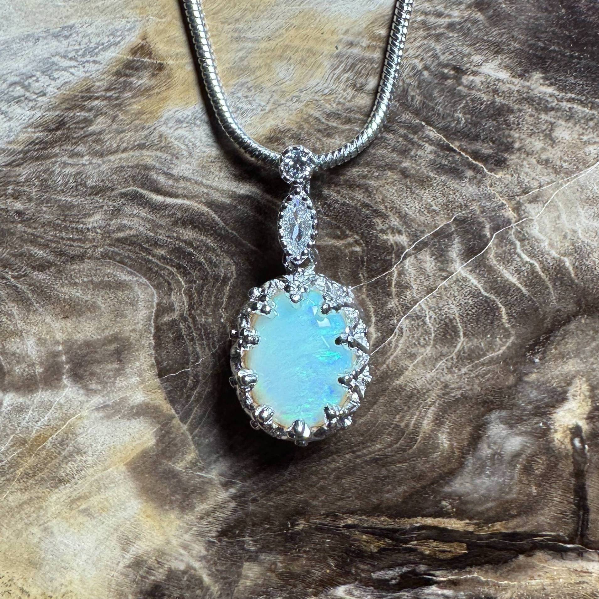 Daintree Rain ~ 1ct Solid Lightning Ridge Opal and Cubic Zirconia 925 Silver Pendant Necklace