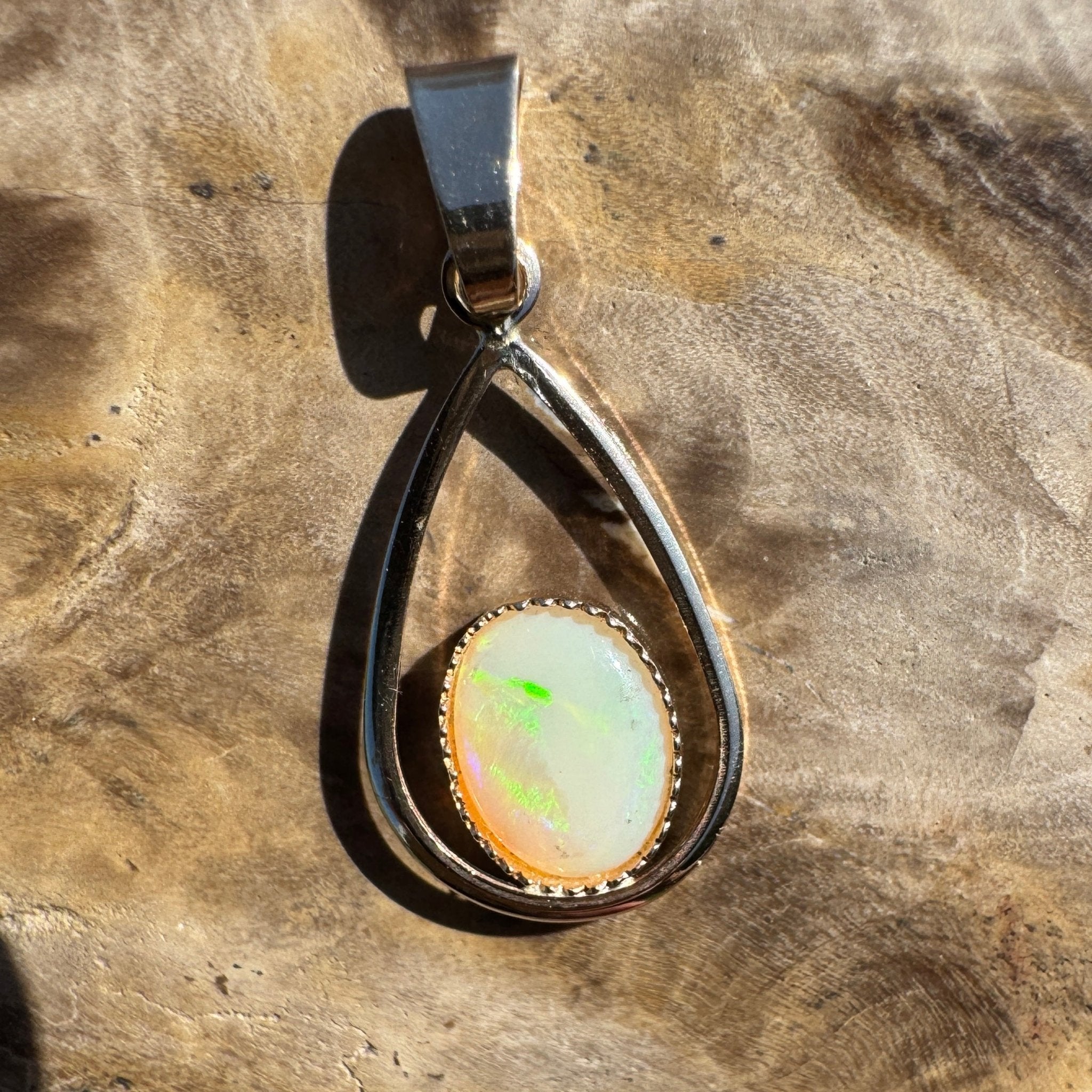 Dancing Greens ~ 0.8ct Solid Coober Pedy Opal 9ct Gold Pendant