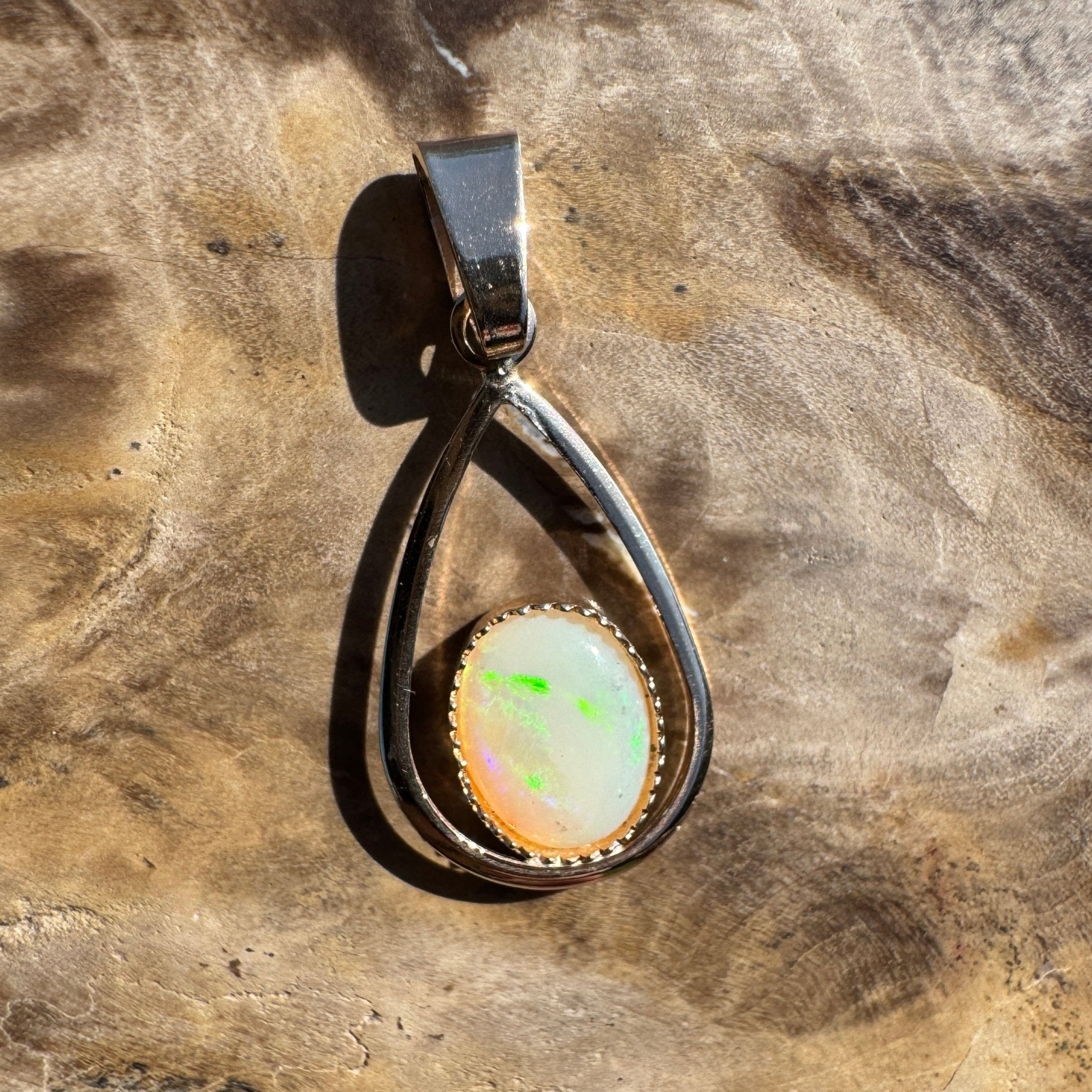 Dancing Greens ~ 0.8ct Solid Coober Pedy Opal 9ct Gold Pendant