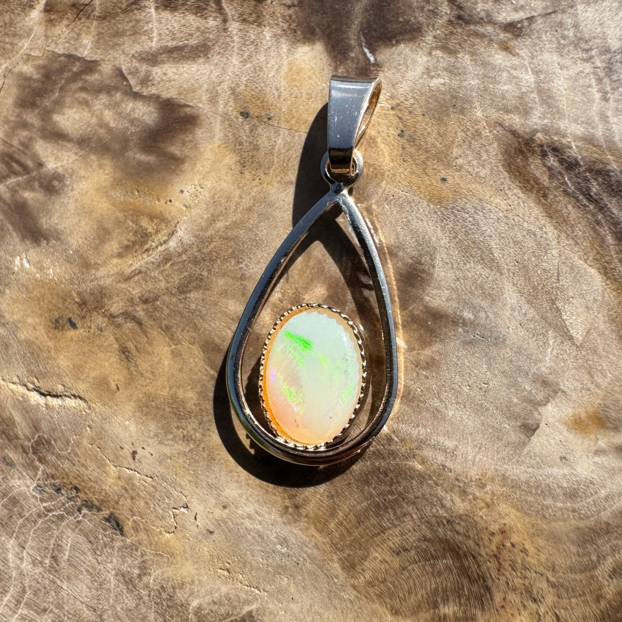 Dancing Greens ~ 0.8ct Solid Coober Pedy Opal 9ct Gold Pendant