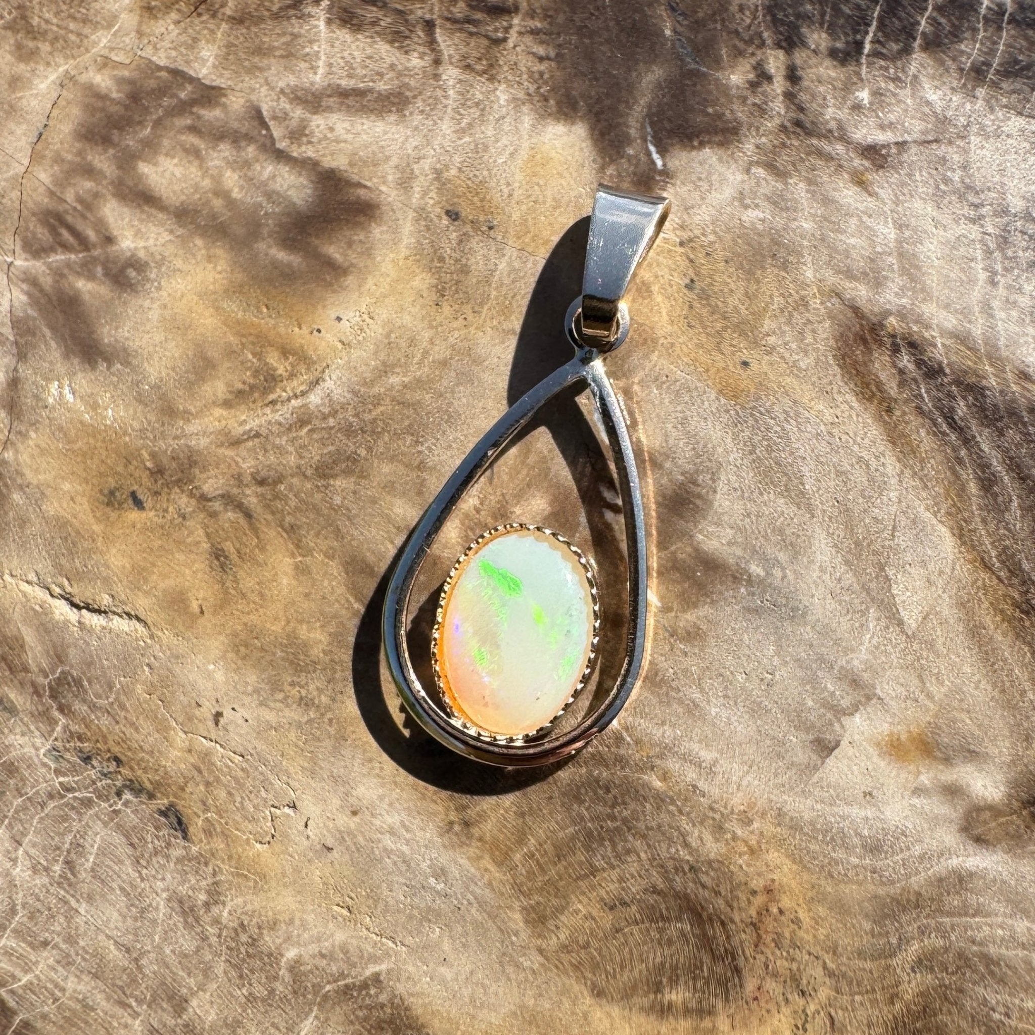 Dancing Greens ~ 0.8ct Solid Coober Pedy Opal 9ct Gold Pendant