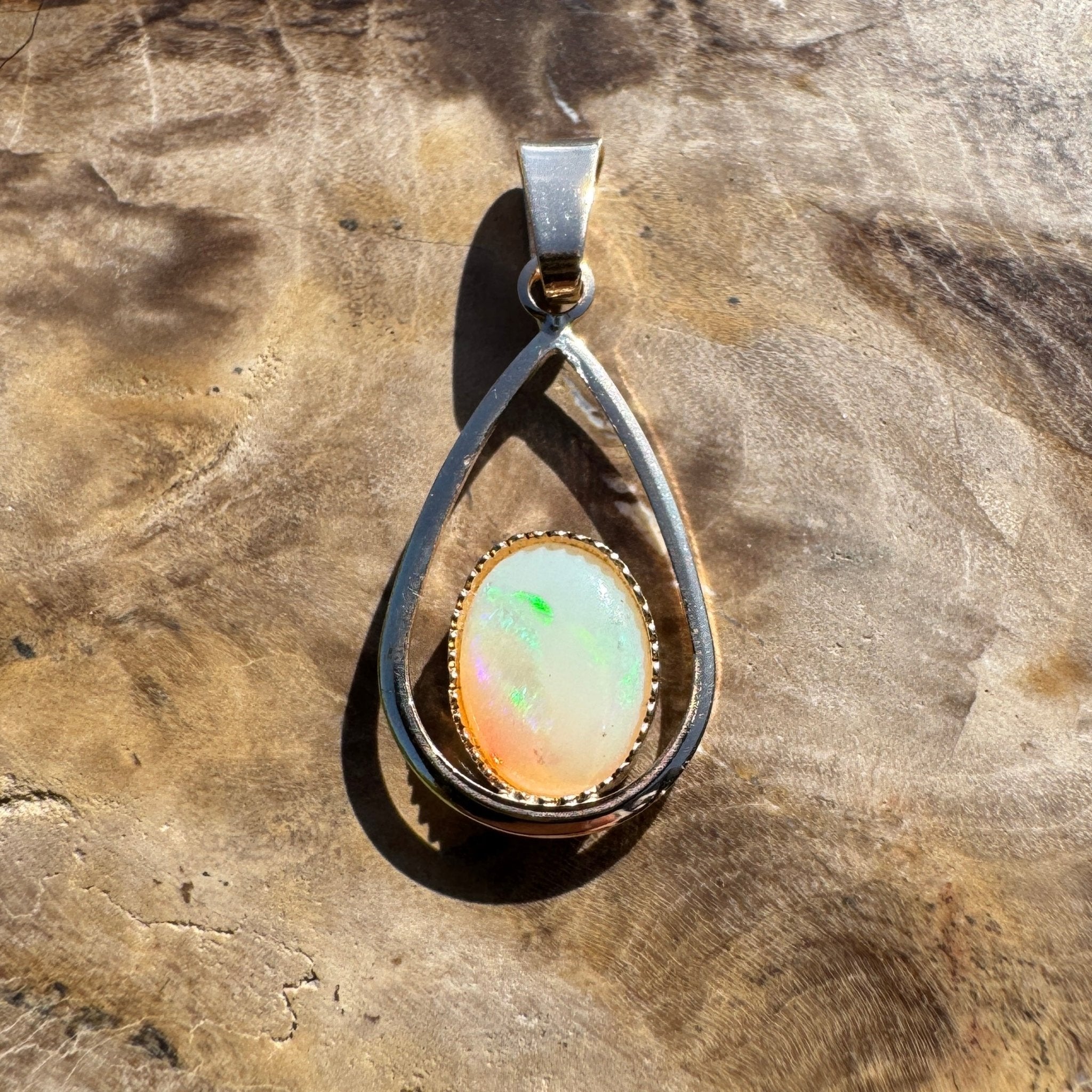 Dancing Greens ~ 0.8ct Solid Coober Pedy Opal 9ct Gold Pendant