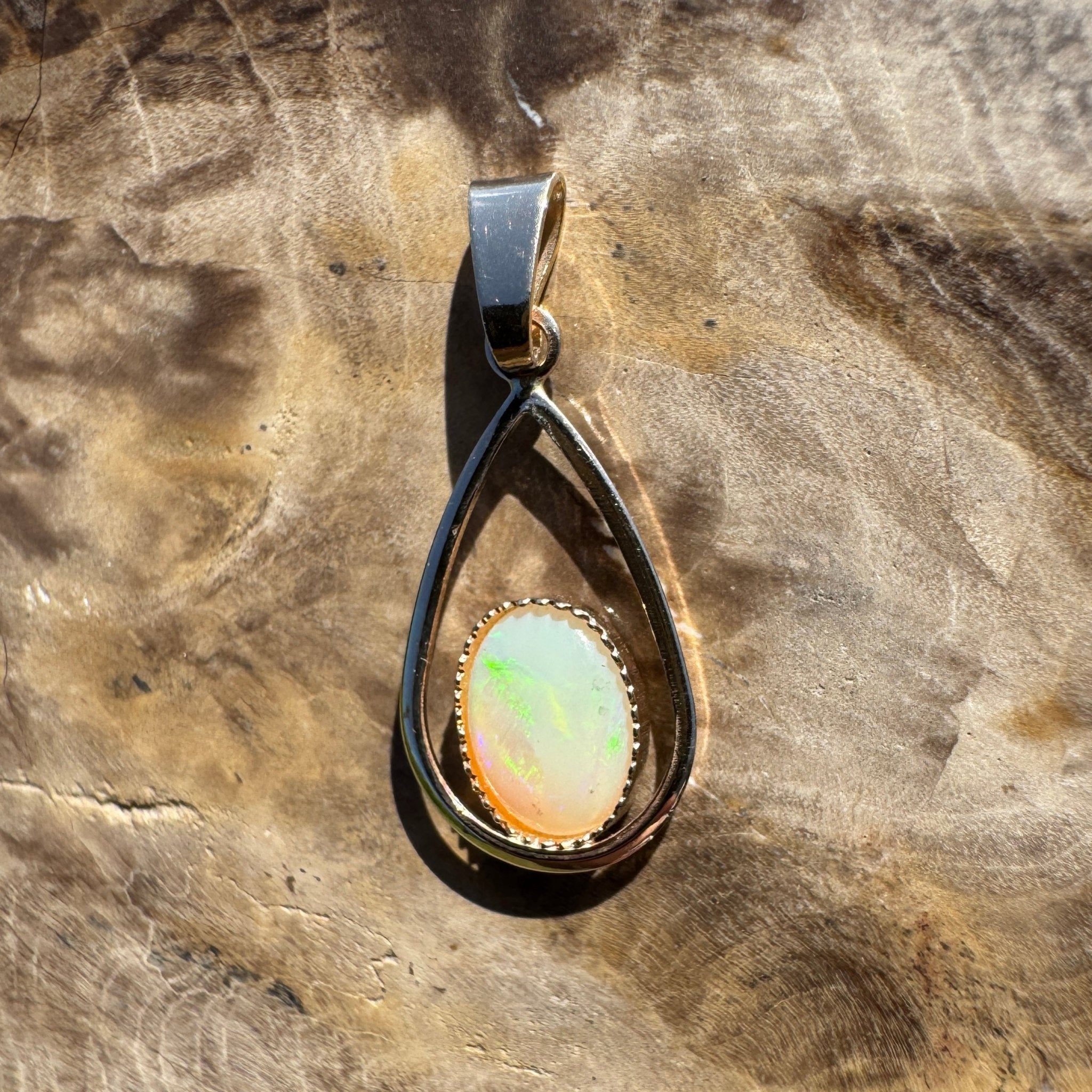 Dancing Greens ~ 0.8ct Solid Coober Pedy Opal 9ct Gold Pendant