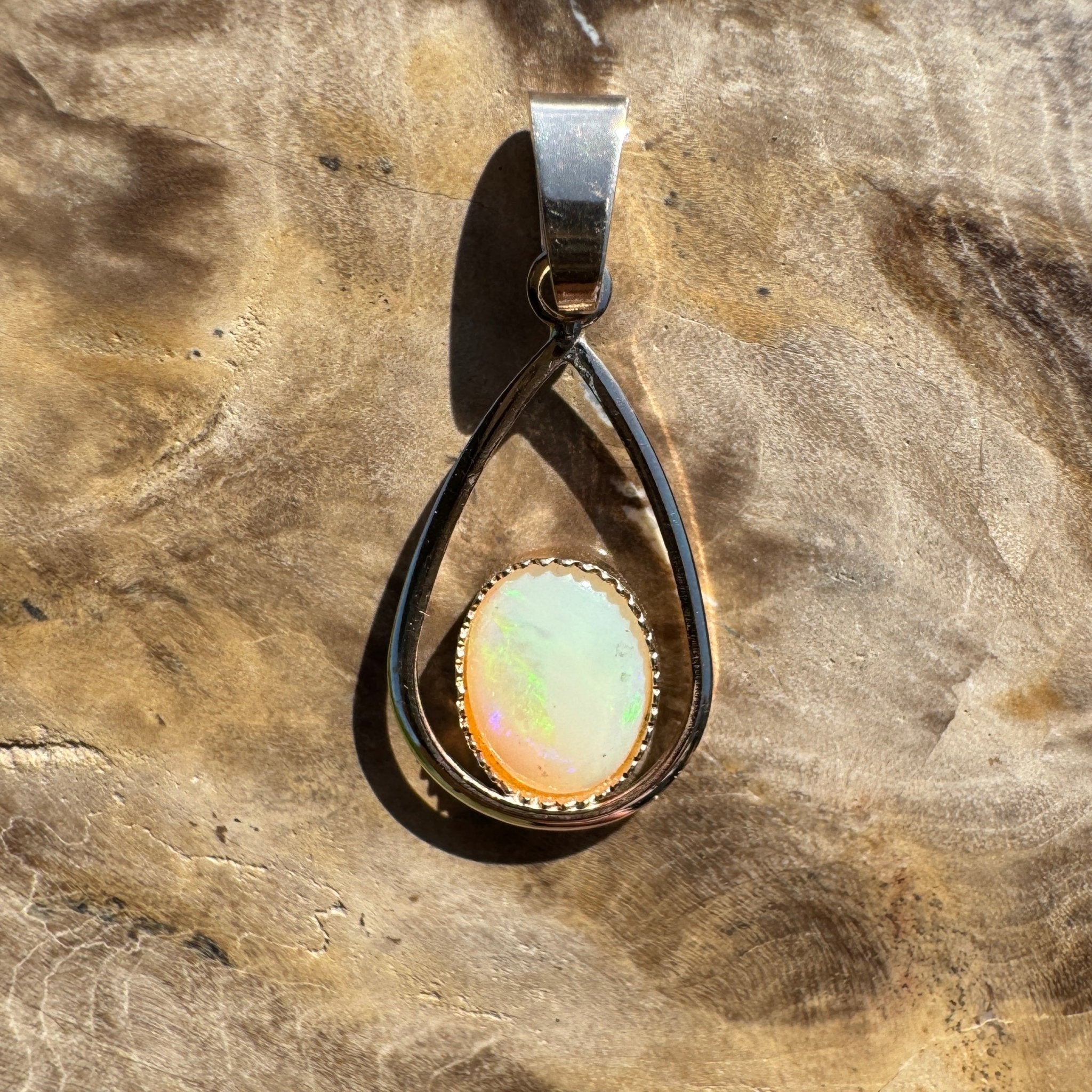 Dancing Greens ~ 0.8ct Solid Coober Pedy Opal 9ct Gold Pendant