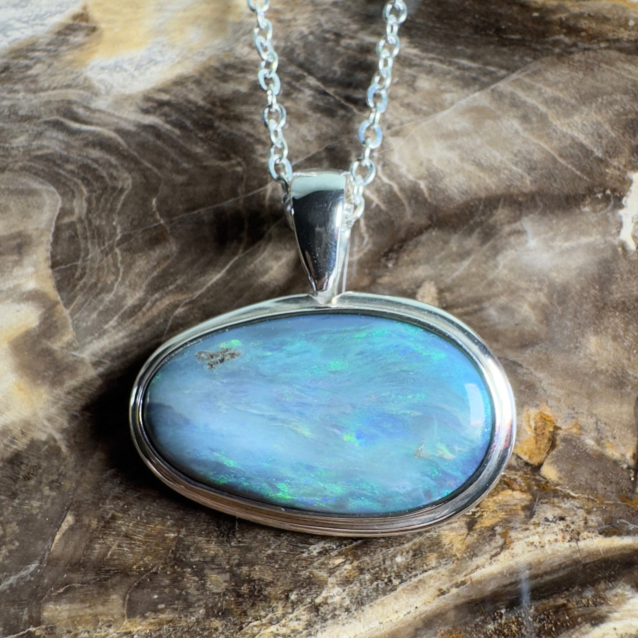 Deepwater Current ~ 9.6ct Lightning Ridge Semi Black Opal 925 Silver Pendant