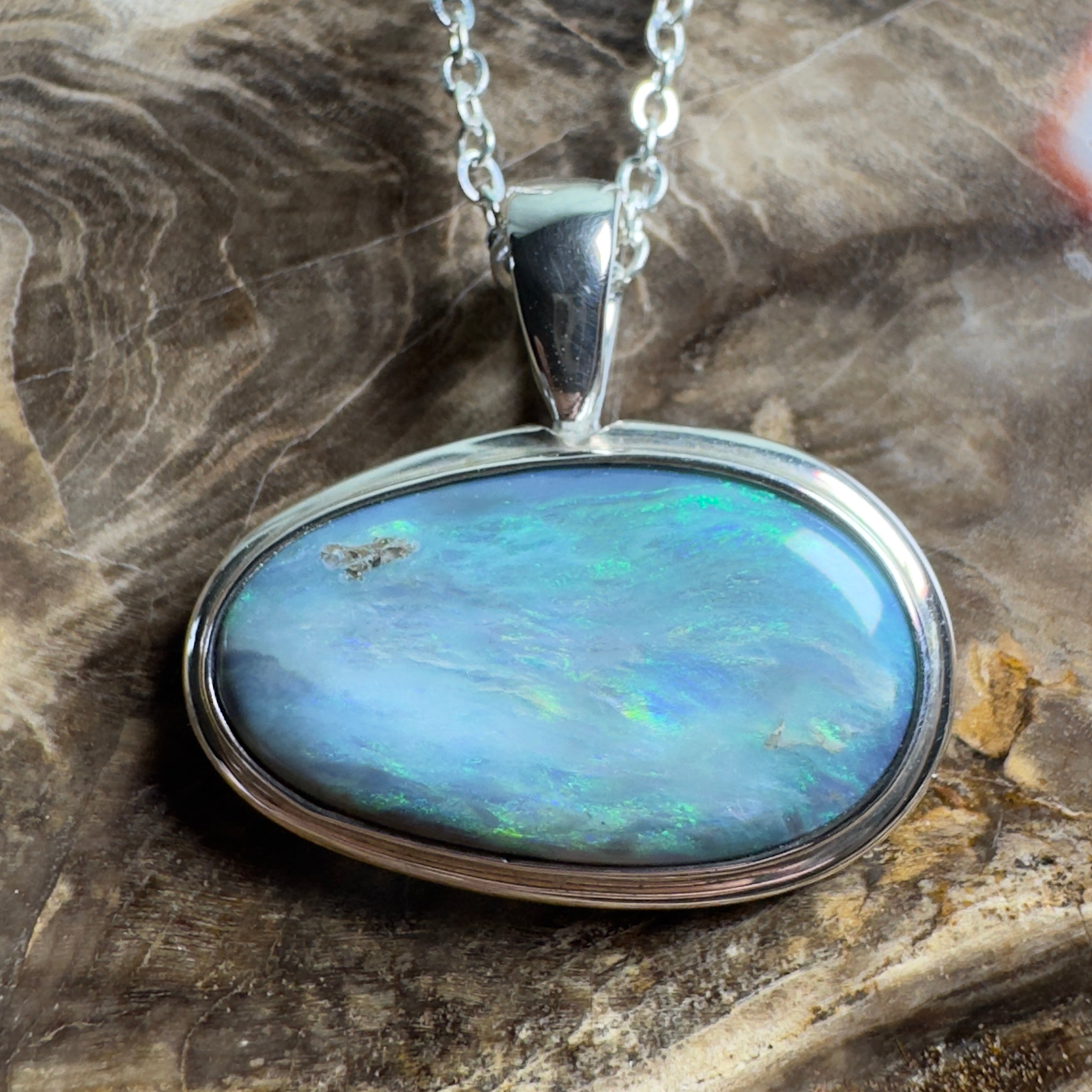 Deepwater Current ~ 9.6ct Lightning Ridge Semi Black Opal 925 Silver Pendant