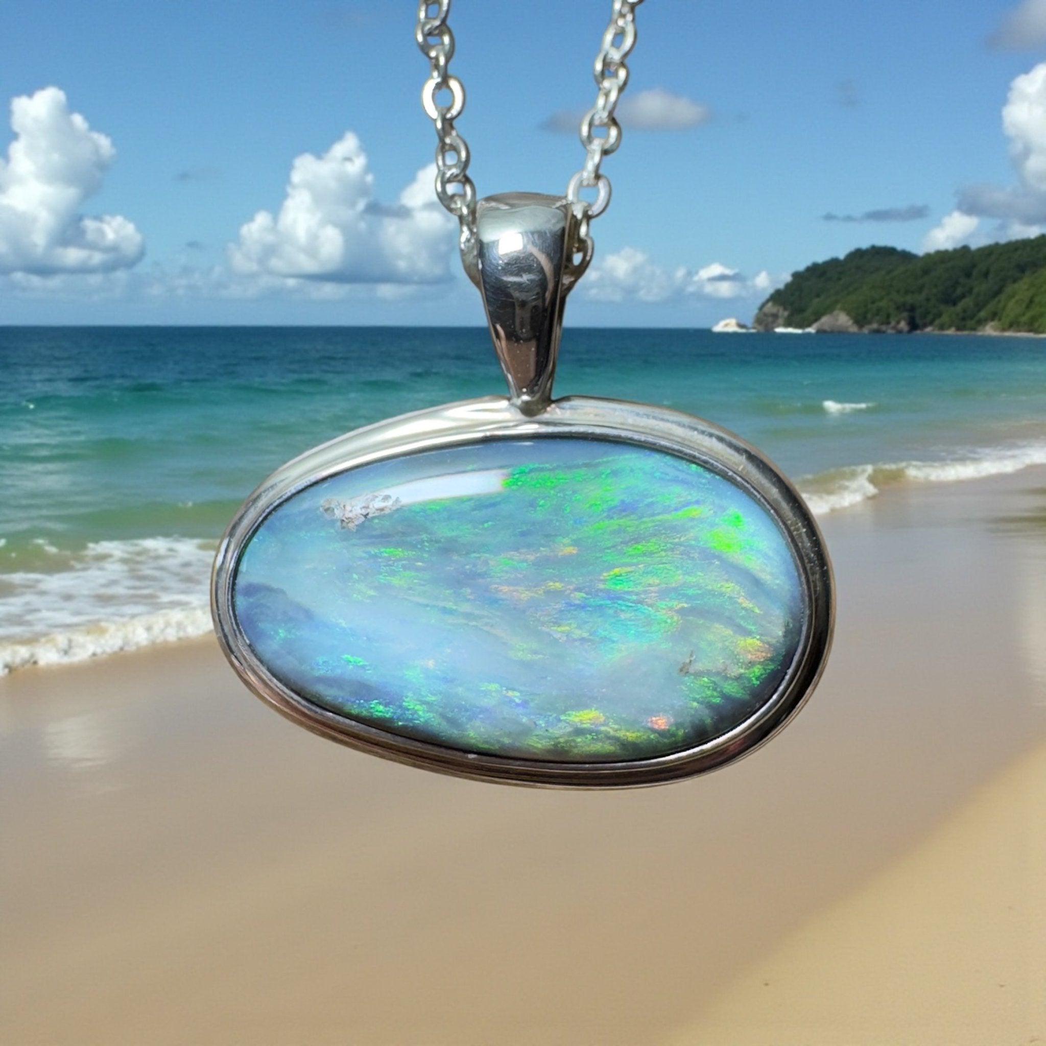 Deepwater Current ~ 9.6ct Lightning Ridge Semi Black Opal 925 Silver Pendant