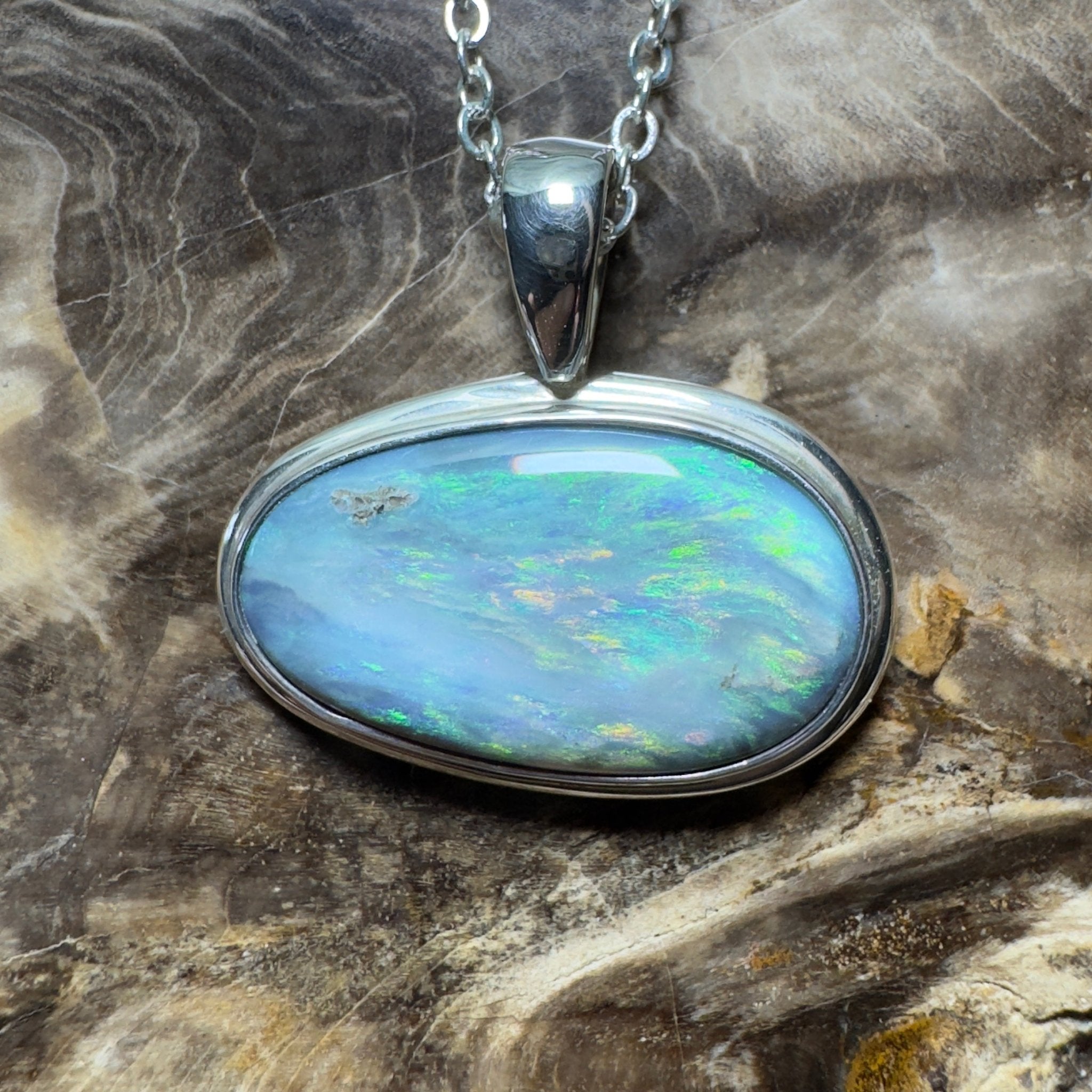 Deepwater Current ~ 9.6ct Lightning Ridge Semi Black Opal 925 Silver Pendant