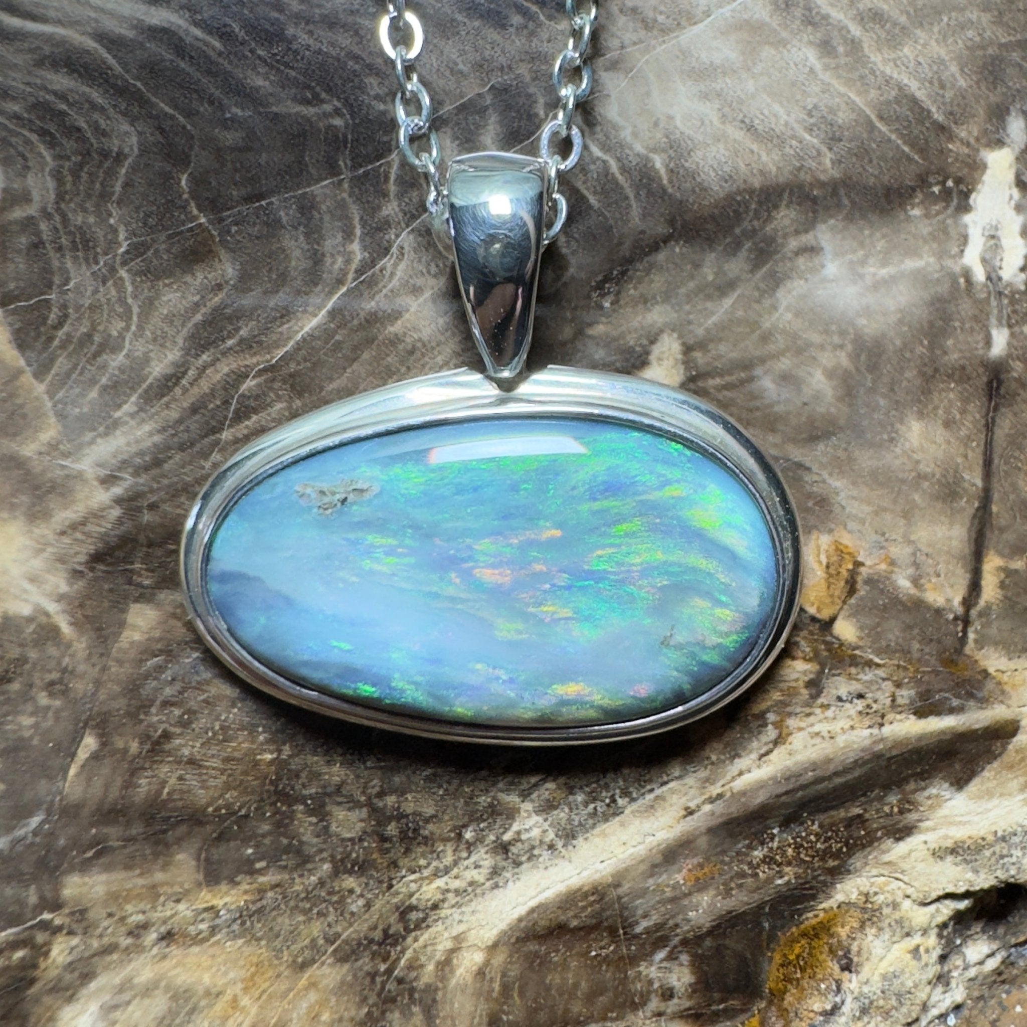 Deepwater Current ~ 9.6ct Lightning Ridge Semi Black Opal 925 Silver Pendant