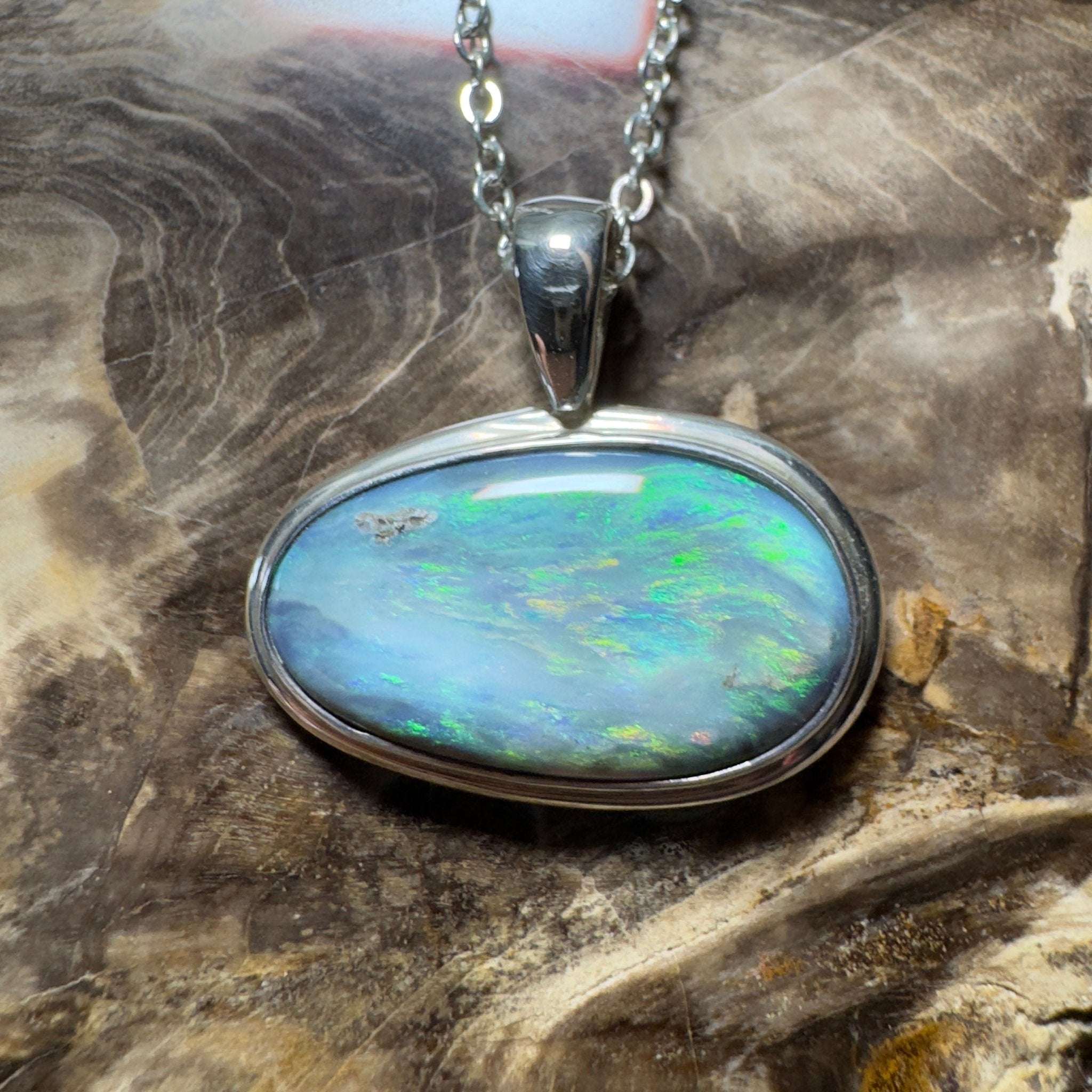 Deepwater Current ~ 9.6ct Lightning Ridge Semi Black Opal 925 Silver Pendant
