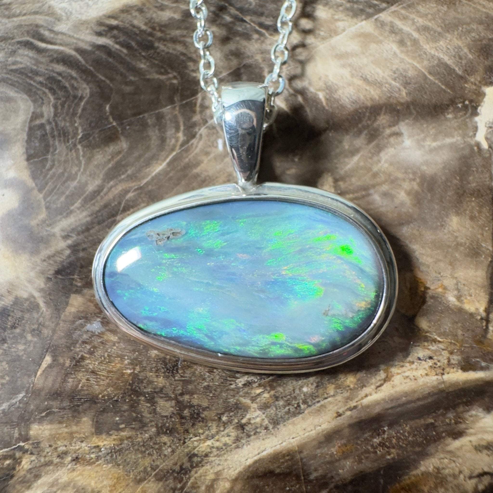 Deepwater Current ~ 9.6ct Lightning Ridge Semi Black Opal 925 Silver Pendant