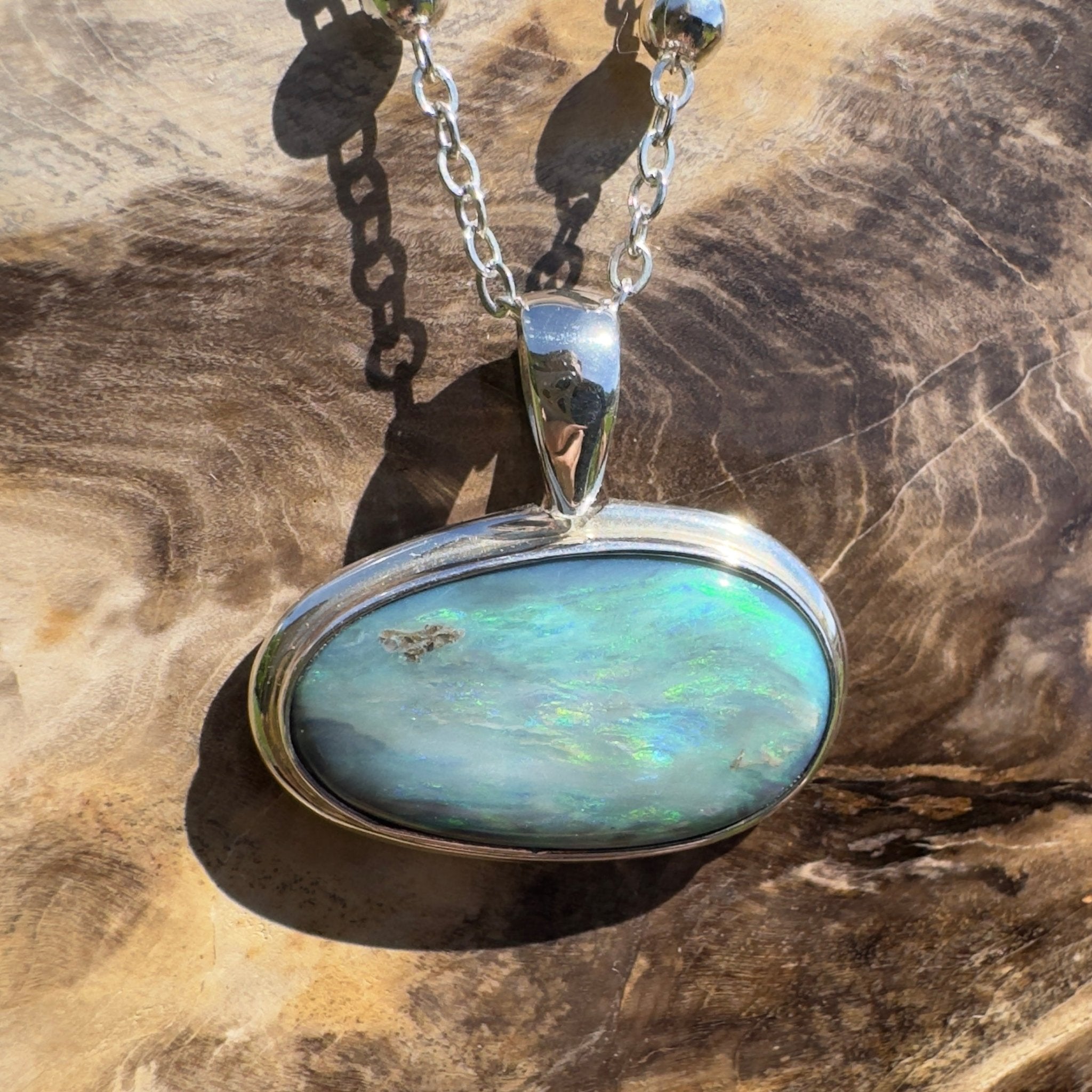 Deepwater Current ~ 9.6ct Lightning Ridge Semi Black Opal 925 Silver Pendant