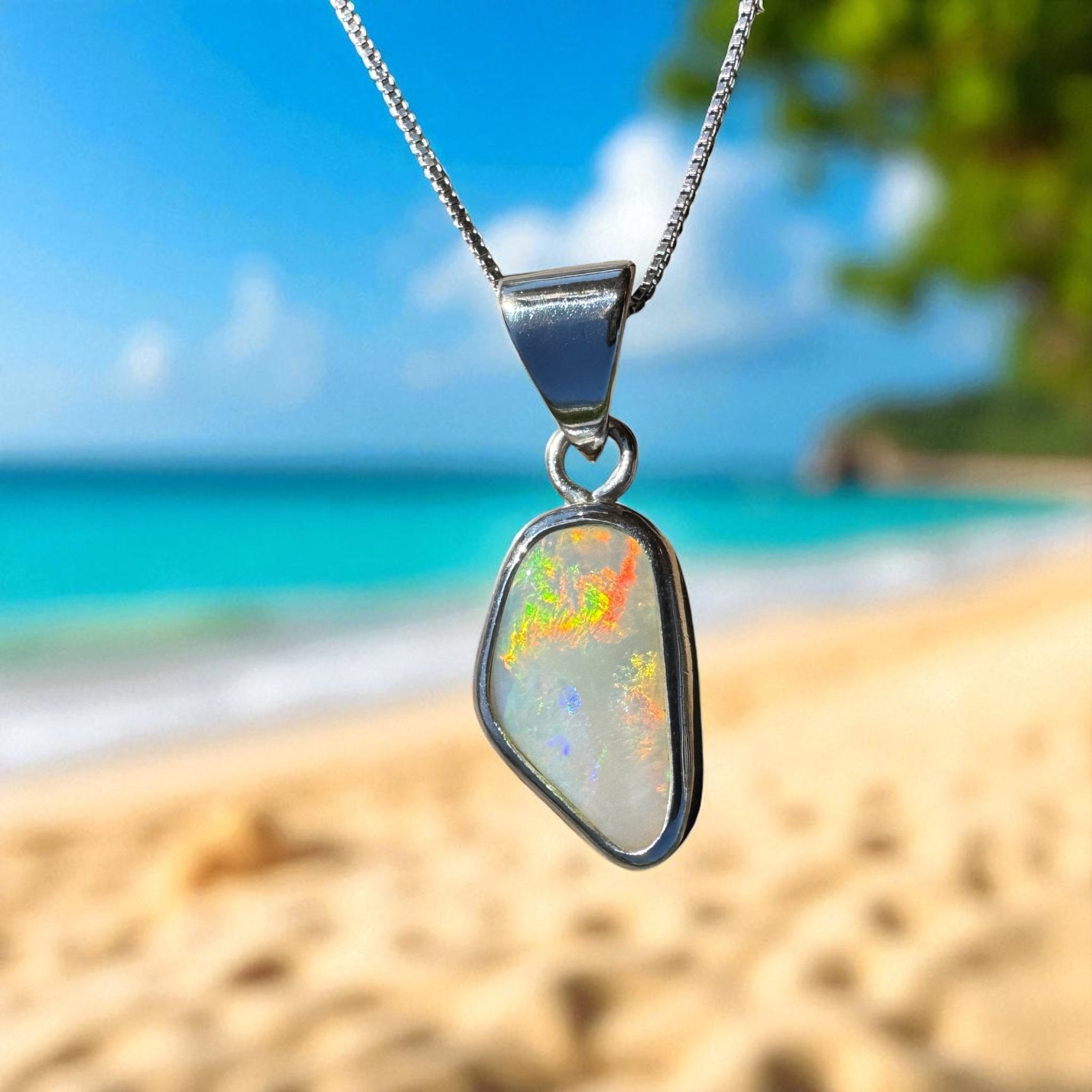 Desert Dawn Glow – 3ct Solid Coober Pedy Opal 925 Sterling Silver Pendant Necklace
