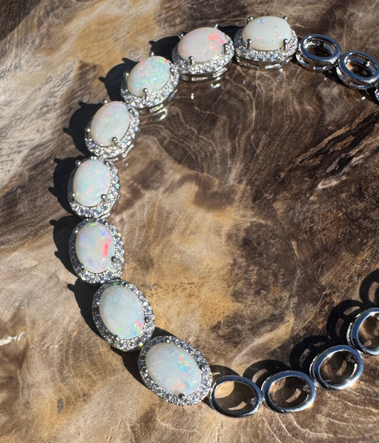 Desert Moon ~ 1ct Coober Pedy Opal and Cubic Zirconia 925 Sterling Silver Bracelet