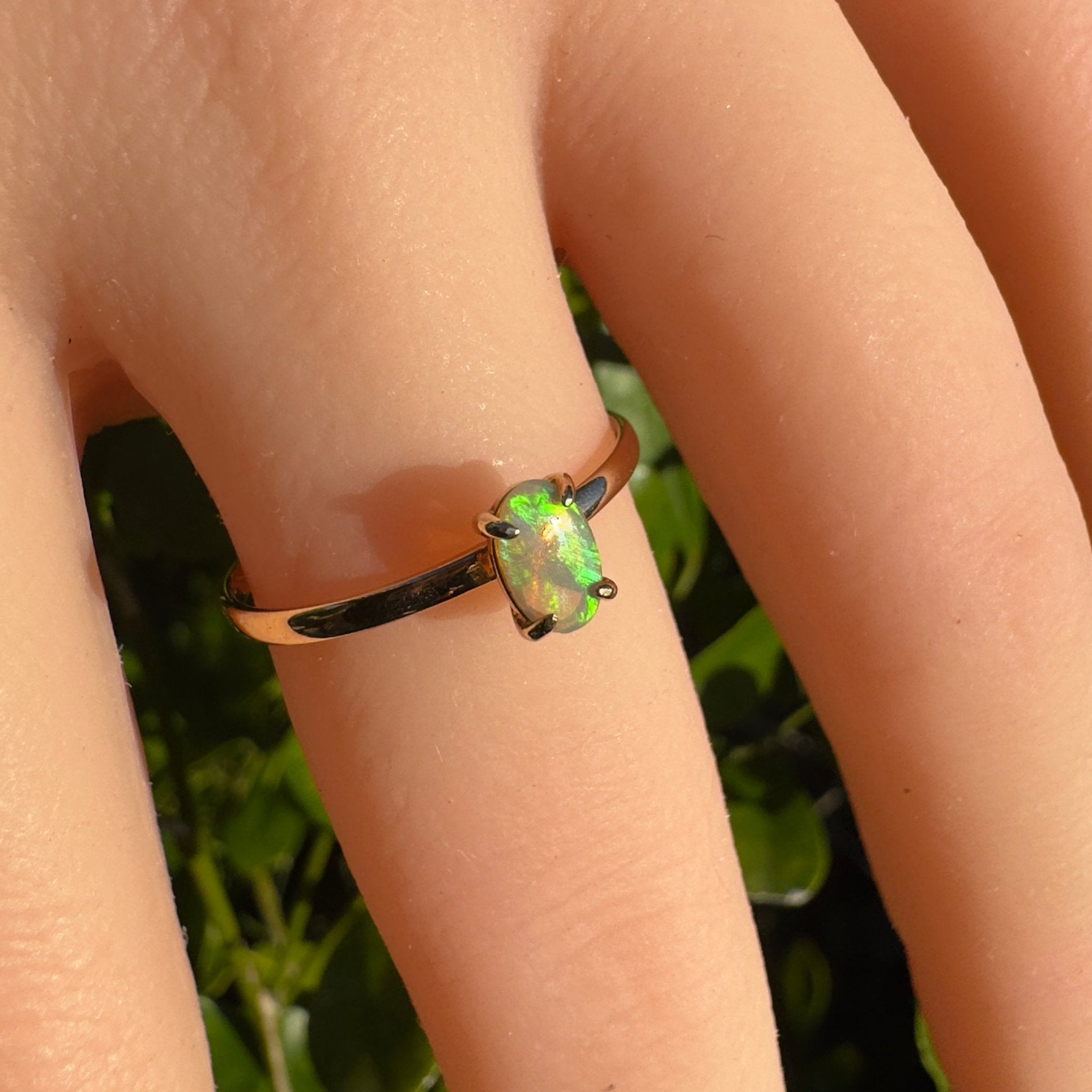 Emerald Billabong ~ 0.8ct Solid Lightning Ridge Crystal Opal 9ct Yellow Gold Ring