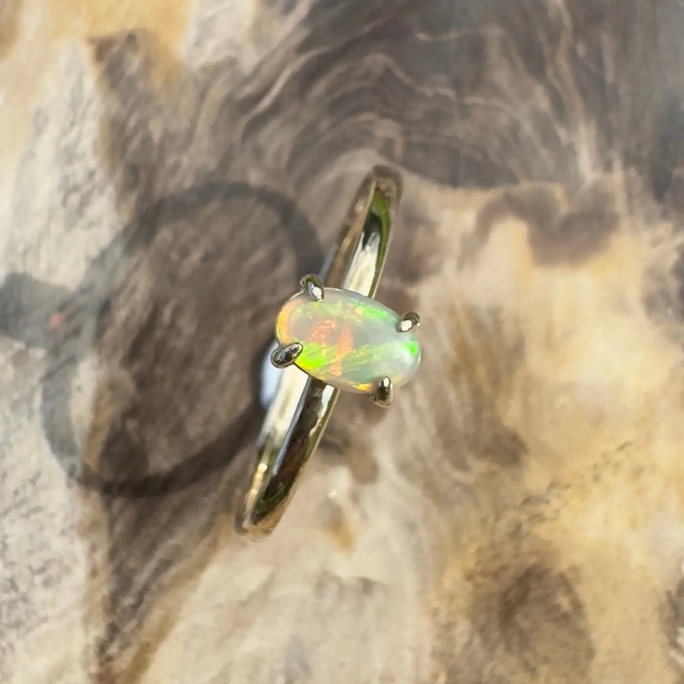 ‘Emerald Billabong' ~ Handcrafted 0.8ct Solid Lightning Ridge Crystal Opal 9ct Yellow Gold Ring